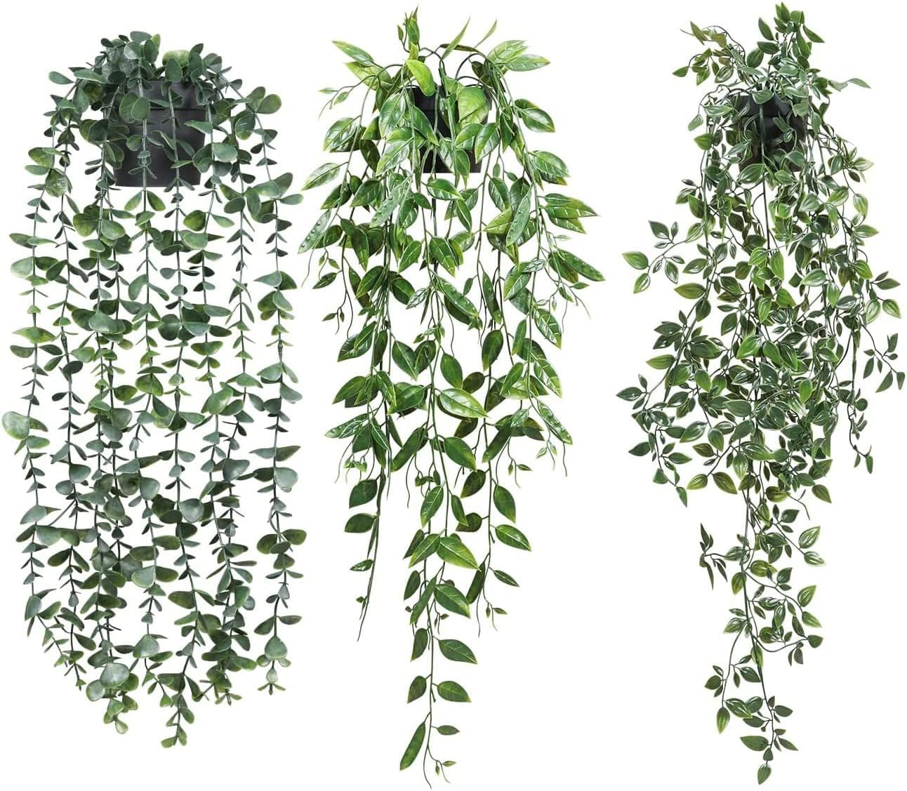 Artificial Hanging Plants, 3 Pack Fake Hanging Plants for Home Room Indoor Outdoor Shelf Decor, Faux Eucalyptus Vine, Mandala Vine in Pot for home decoration and events