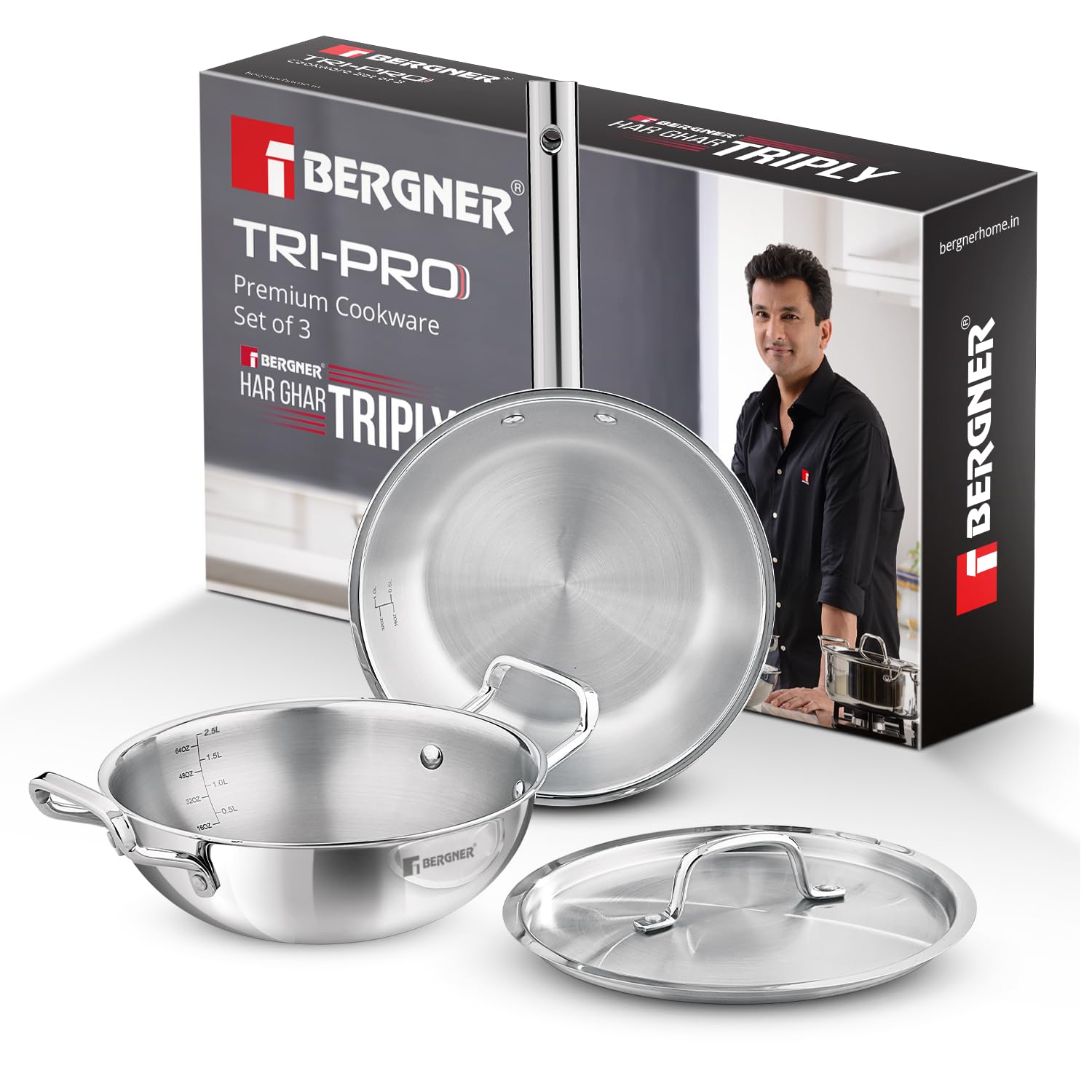 Bergner Tripro 3-Pc Triply Stainless Steel Cookware Set, 24cm (3.1L) Deep Stir-fry Pan Kadai with Lid, 22cm Frying Pan Skillet, Less Oil Use Healthy Cooking Set, Even Heating, Induction & Gas Ready