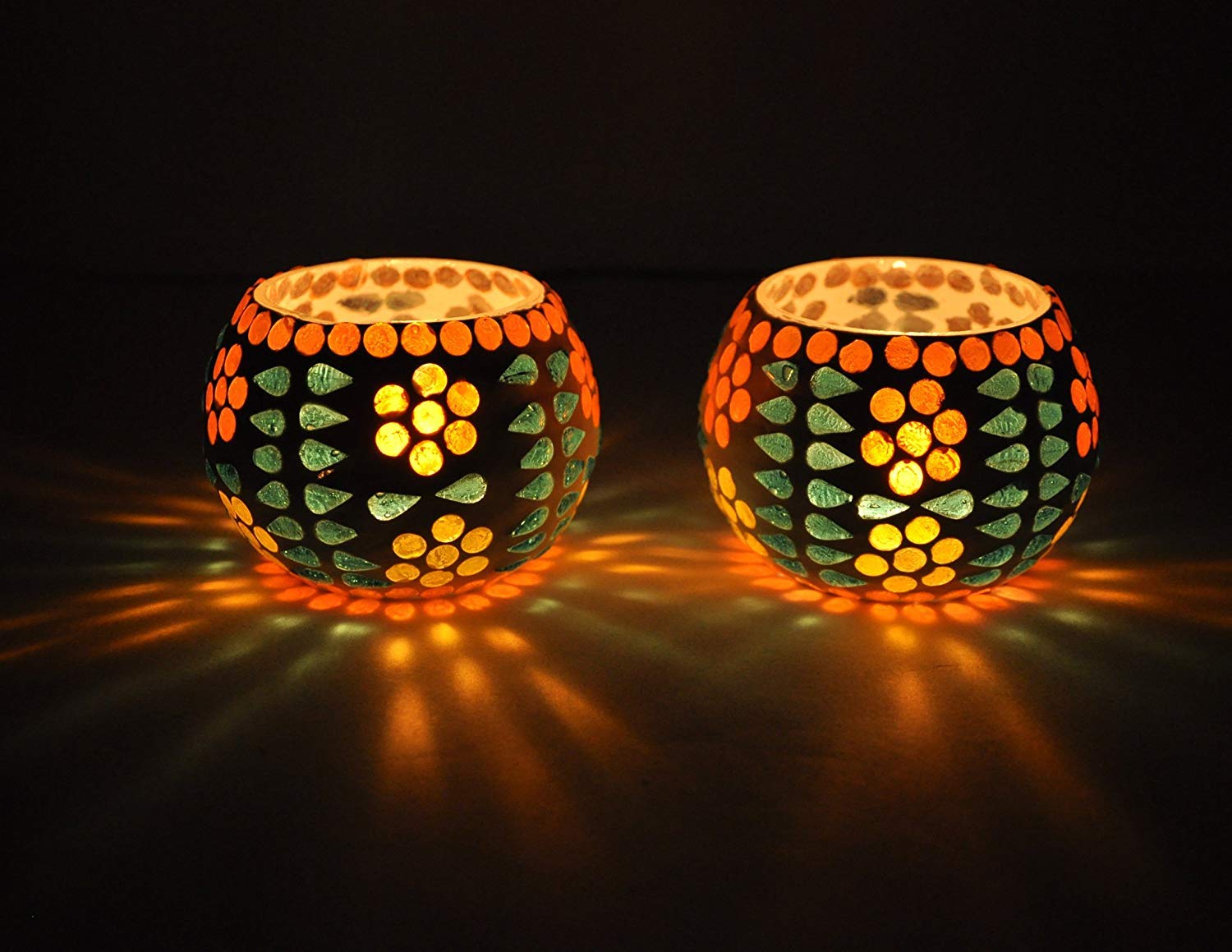 TIED RIBBONS Set of 2 Mosaic Glass TeaLight Votive Candle Holder with Tea Light Candles for Living Room Table Home Decor Indoor Outdoor Decorations (Multicolor, Glass)