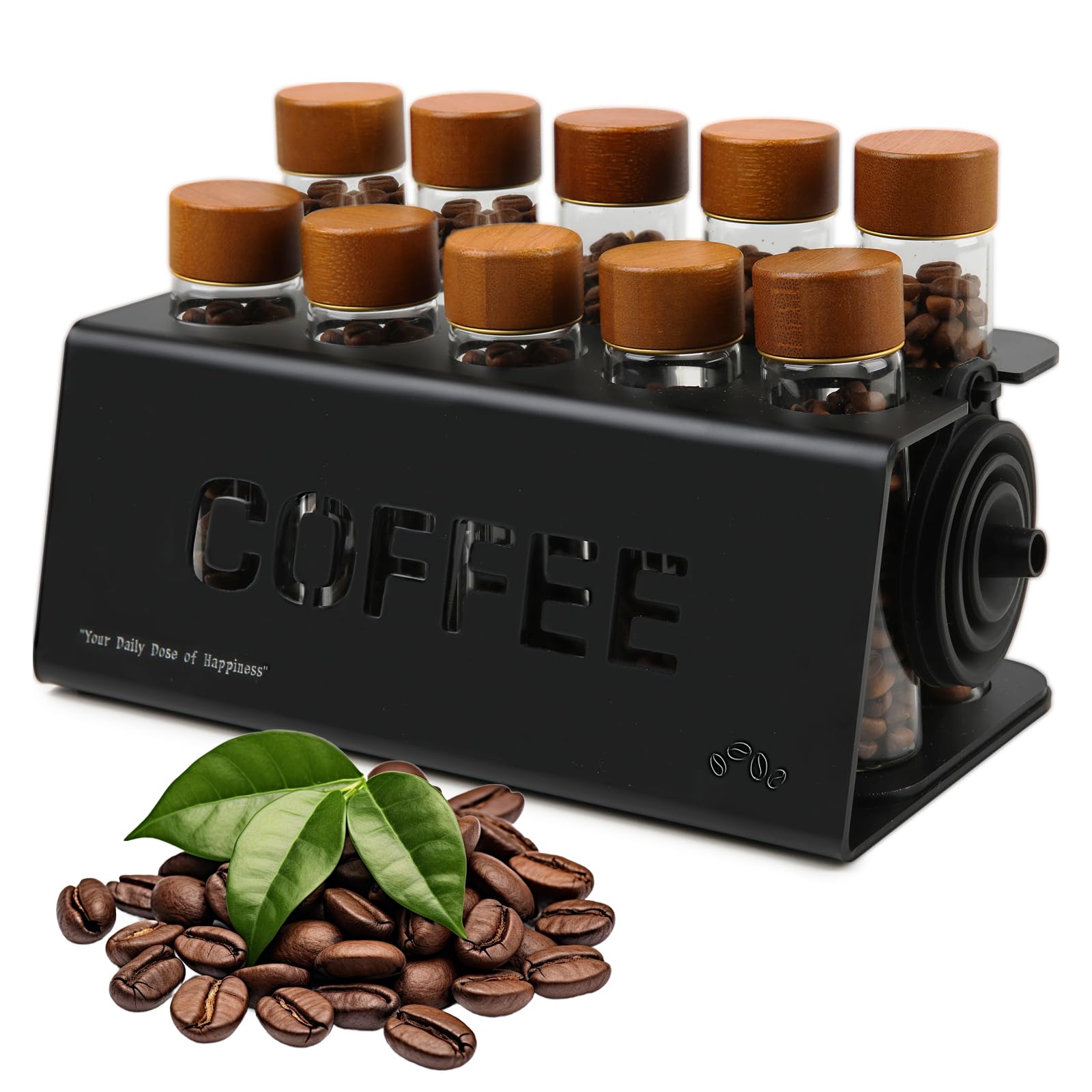 Single Dose Coffee Beans Container Tubes: GEEKHOM 10-Pack Glass Bean Cellar Vials with Wood Lids and Display Stand - For Filter Coffee Lovers to Store Coffee Beans, Tea, Spices, Candy Etc
