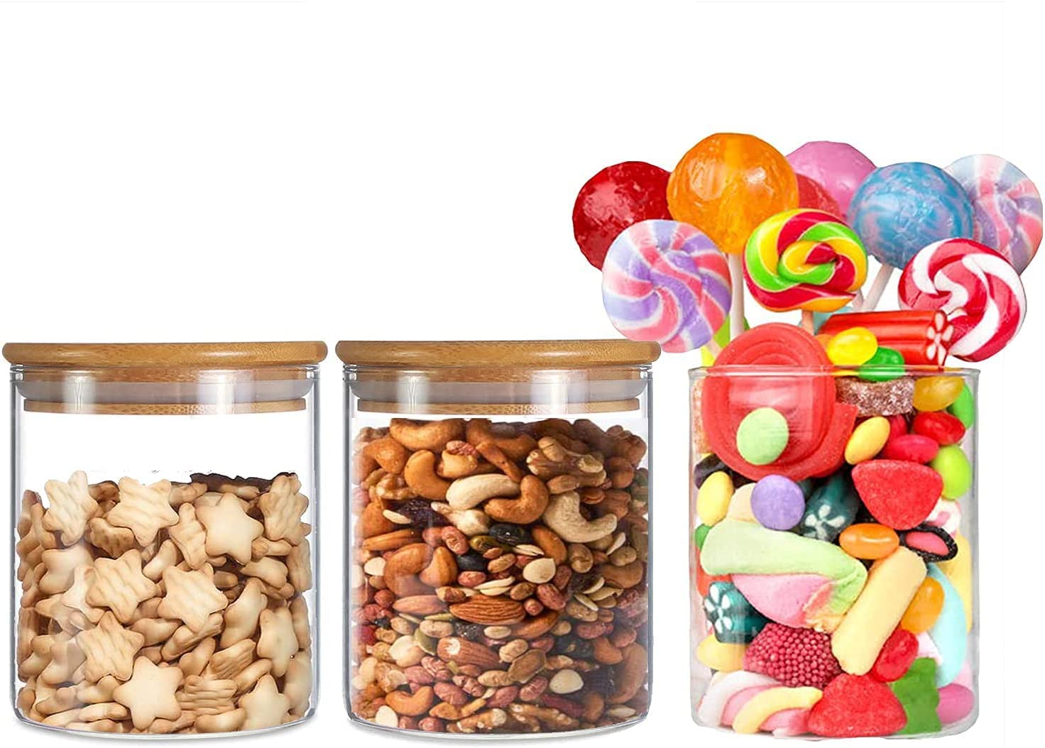 AKDC Set of 3 Round Glass Jar with Bamboo Lid, Kitchen Food Storage Containers Airtight Lids Cereals Canisters Jars for Pasta Spaghetti Tea Coffee Beans Candy Cookies Snacks (Mini - 500ML)