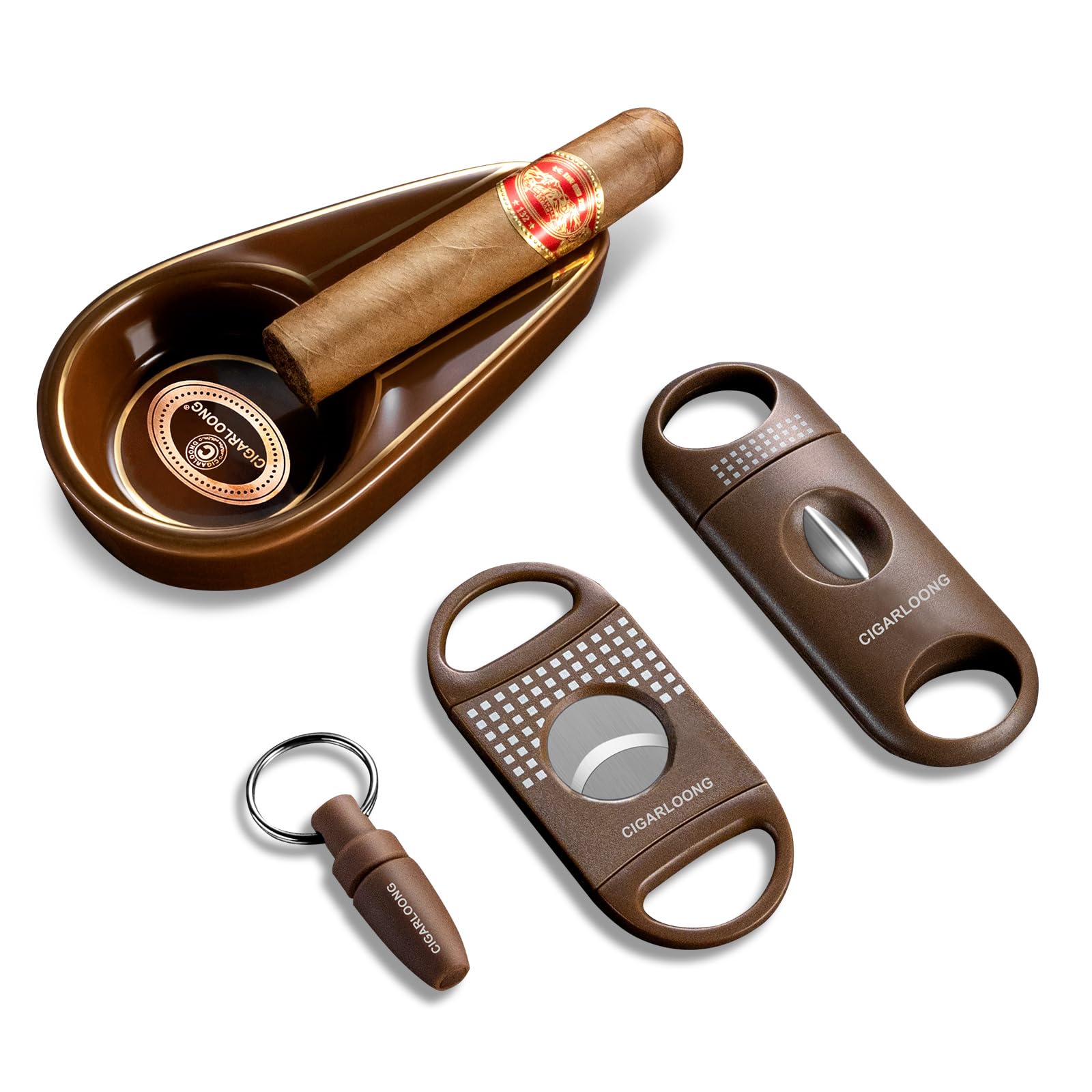 CIGARLOONG Cigar Ashtray and Cigar Cutter Set,Portable Ceramic Ashtray with Guillotine,V-Cutter and Punch, Accessories Set,Gift for Men(Brown)