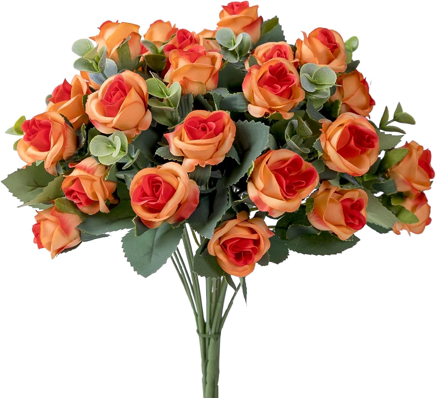 Artificial Mini Rose and Eucalyptus Flower Bouquets Fake Summer Flowers Outdoor with Eucalyptus Leaves Stems Greenery Decor for Wedding Home Office-(4pcs Orange Rose)