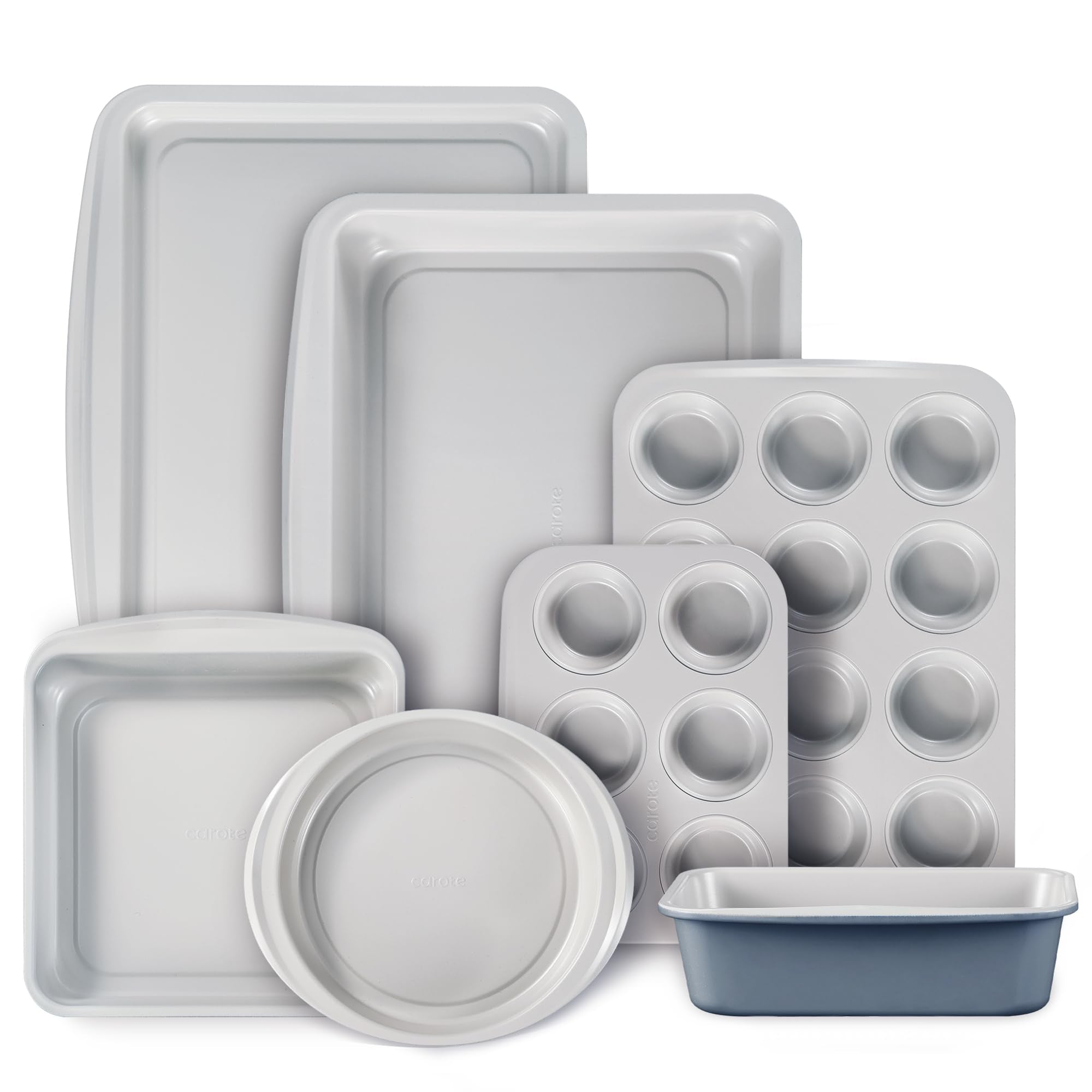 CAROTE 9-Piece Nonstick Stackable Baking Pans Set - Bakeware Sets Including Cookie Sheets for Baking, Muffin Pan, Bread Pan, Cake pan, Loaf Pan, Roasting Pan, Gray & Blue
