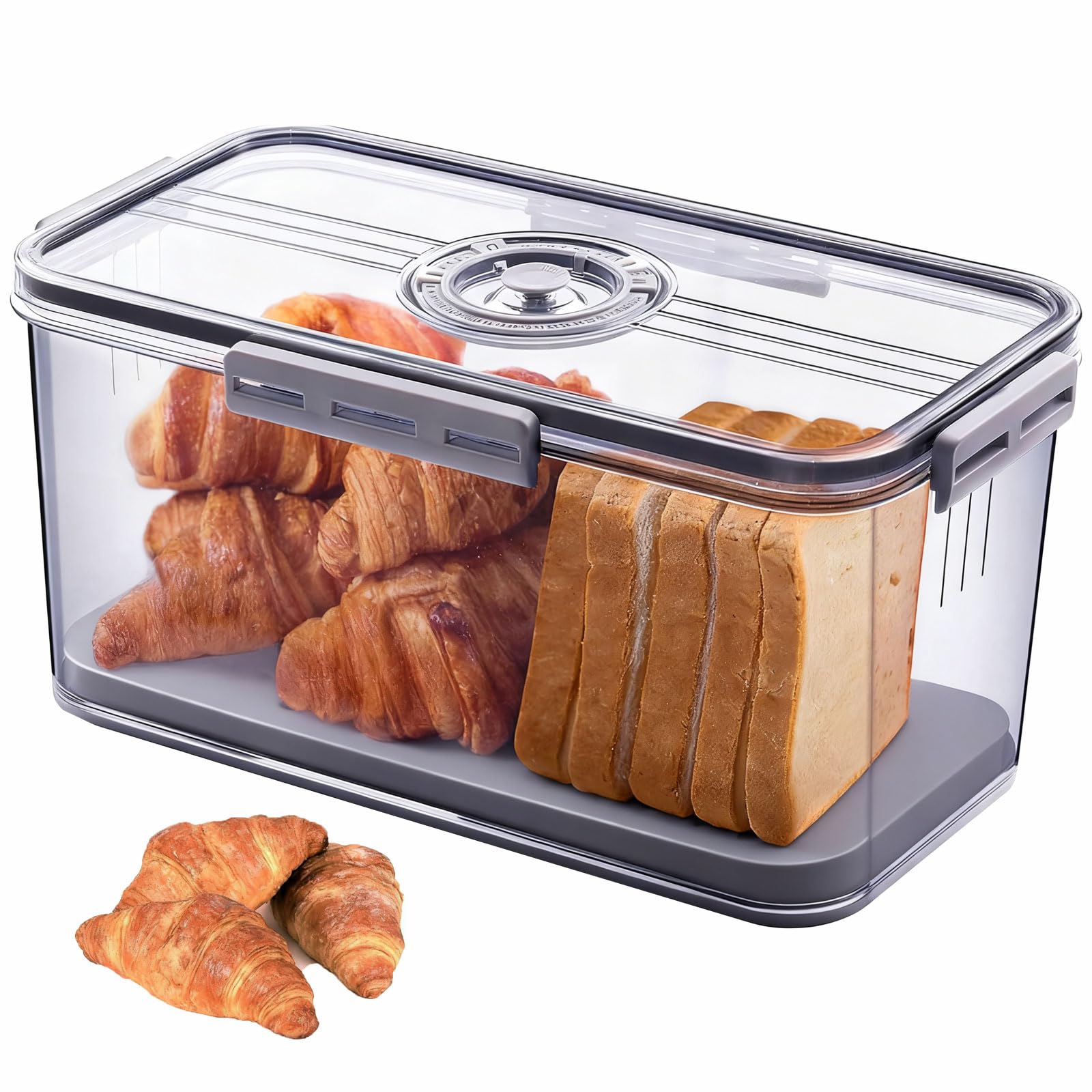 Bread Box for Kitchen Countertop, Airtight Loaf Bread Storage Container, Time Recording Bread Keeper with Lid, Bread Holder Bin for Homemade Bread, Bun, Bagel, Loaf