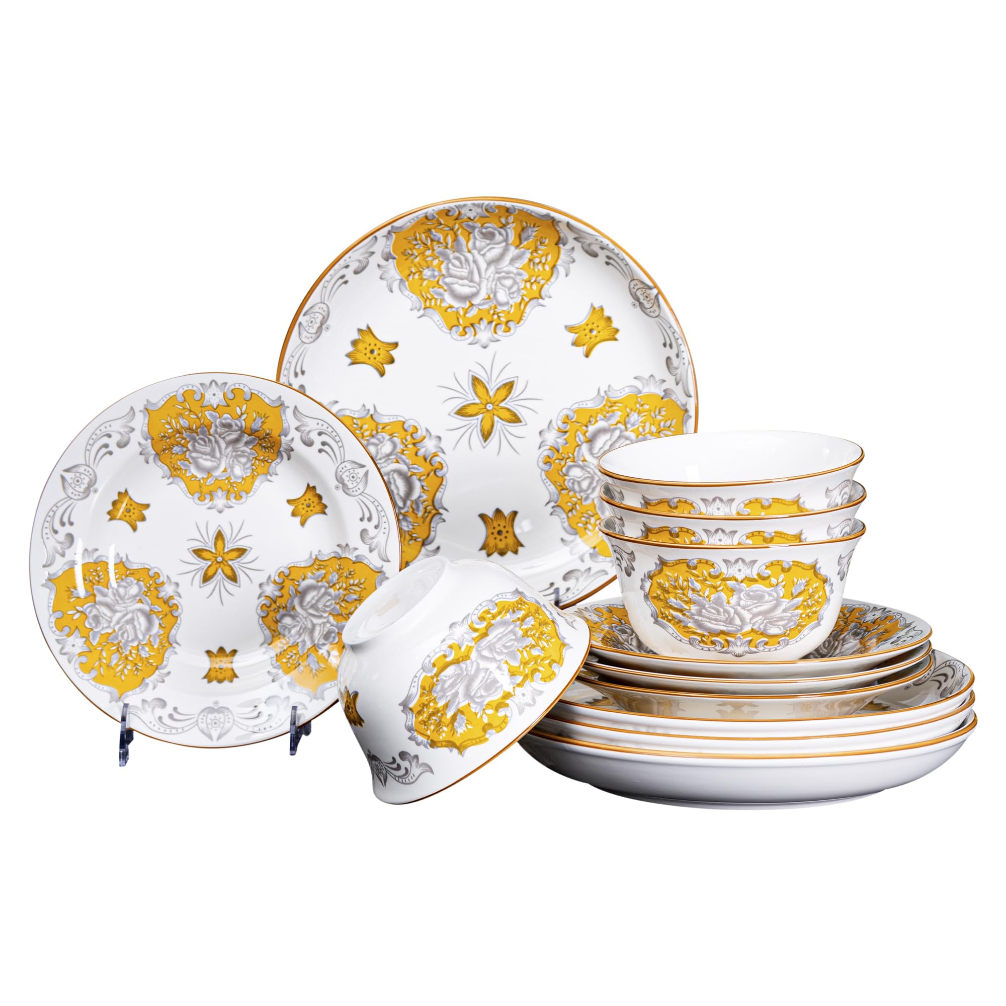 12-Piece Gold and White Floral Pattern Ceramic Dinnerware Set - Includes 4x 10.2-Inch Plates, 4x 8-Inch Plates, 4x 5.5-Inch Bowls | Microwave & Dishwasher Safe | Elegant Tableware for Stylish Dining