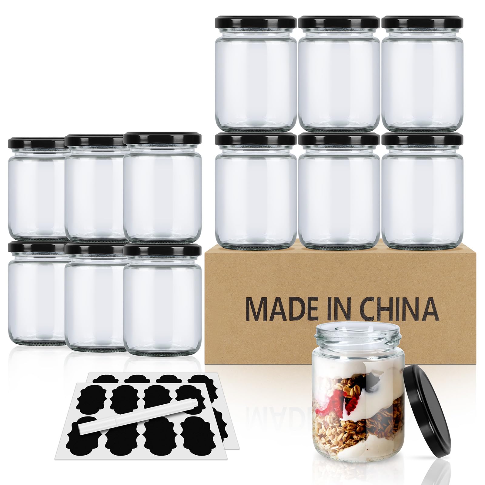 SKYLINK 12 Pack 8oz Glass Jars with Airtight Lids – Small Empty Jars for Candle Making, Spices, Honey, Jam, Candy, Cookies, Pudding, Yogurt, Dessert – Reusable Storage Containers for Kitchen