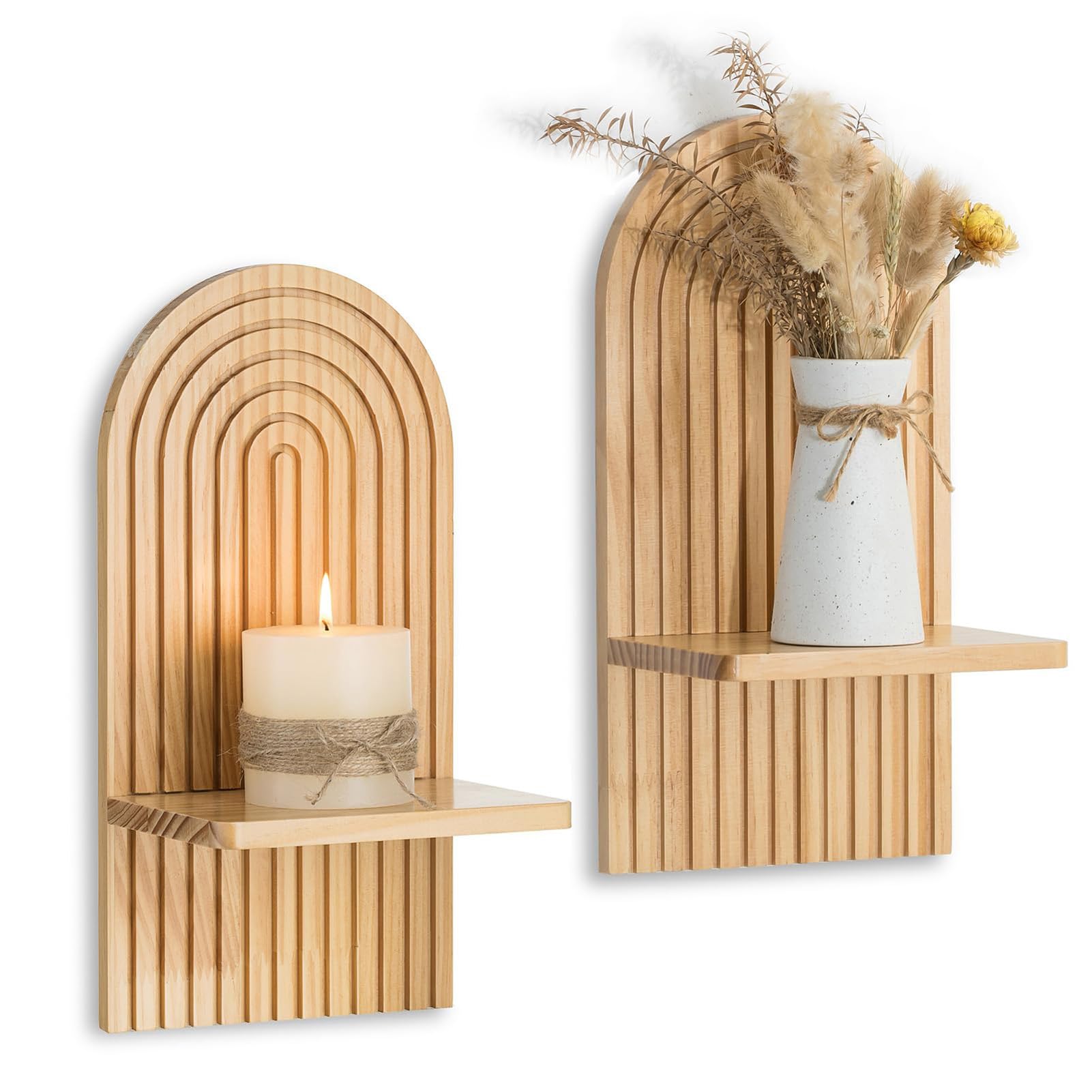 Boho Wall Decor Set of Two: NUPTIO Natural Wood Candle Sconces - Mounted Candles Holder for Bathroom Decorations Bedroom Kitchen Living Room
