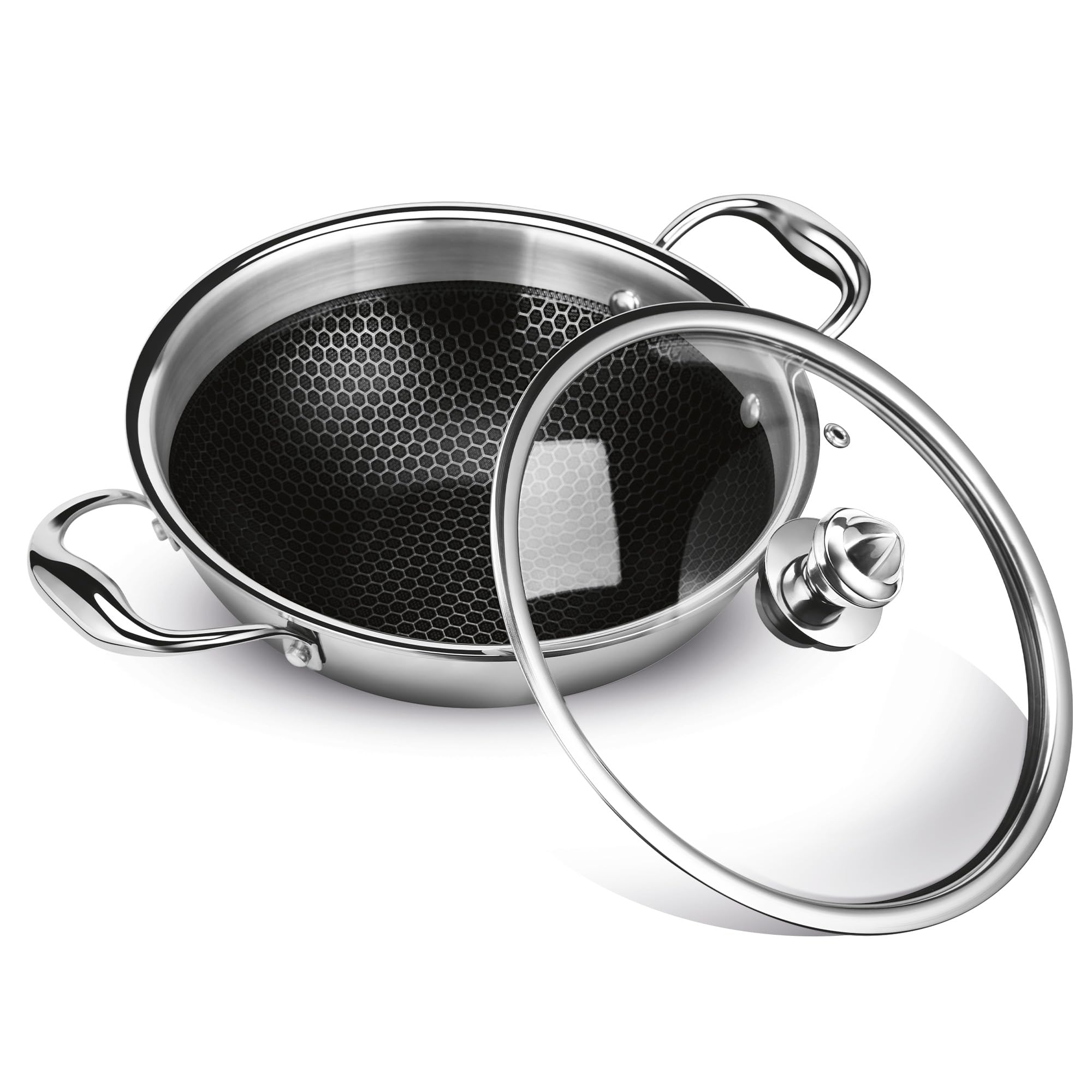 MILTON Pro Cook Triply Hexa Tech Induction Stainless Steel Kadhai with Glass Lid, 26 cm,Silver, 3 Layer Kadhai for Cooking, Induction Bottom and Gas Stove Ready Cookware, Easy to Clean