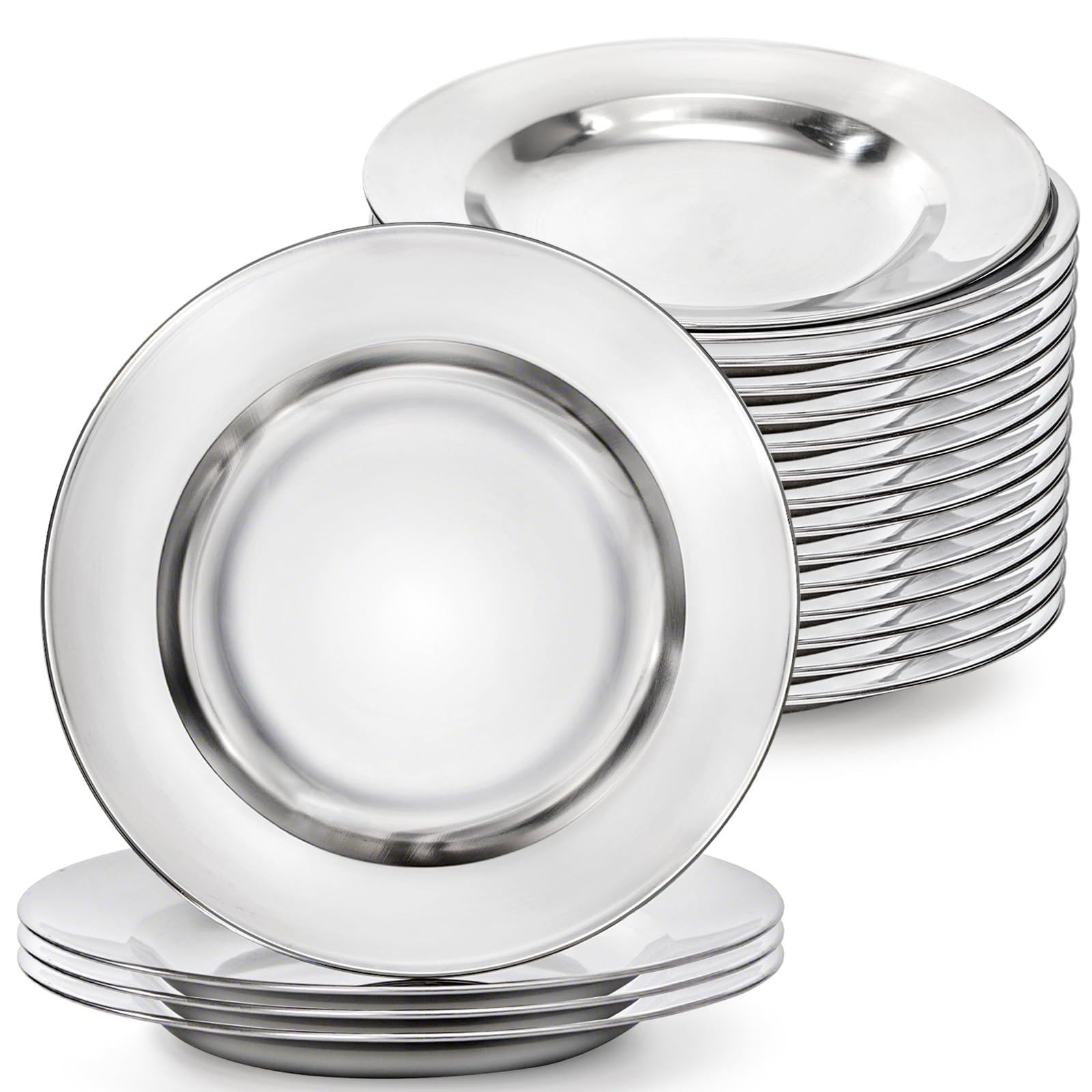 Stainless Steel Dinner Plates, 4 Pack Metal Camping Dishes, Unbreakable Reusable Outdoor Serving Platters for Home, Picnic, BBQ, Hiking, Dishwasher Safe, Rustproof Camping Tableware Set, 22CM