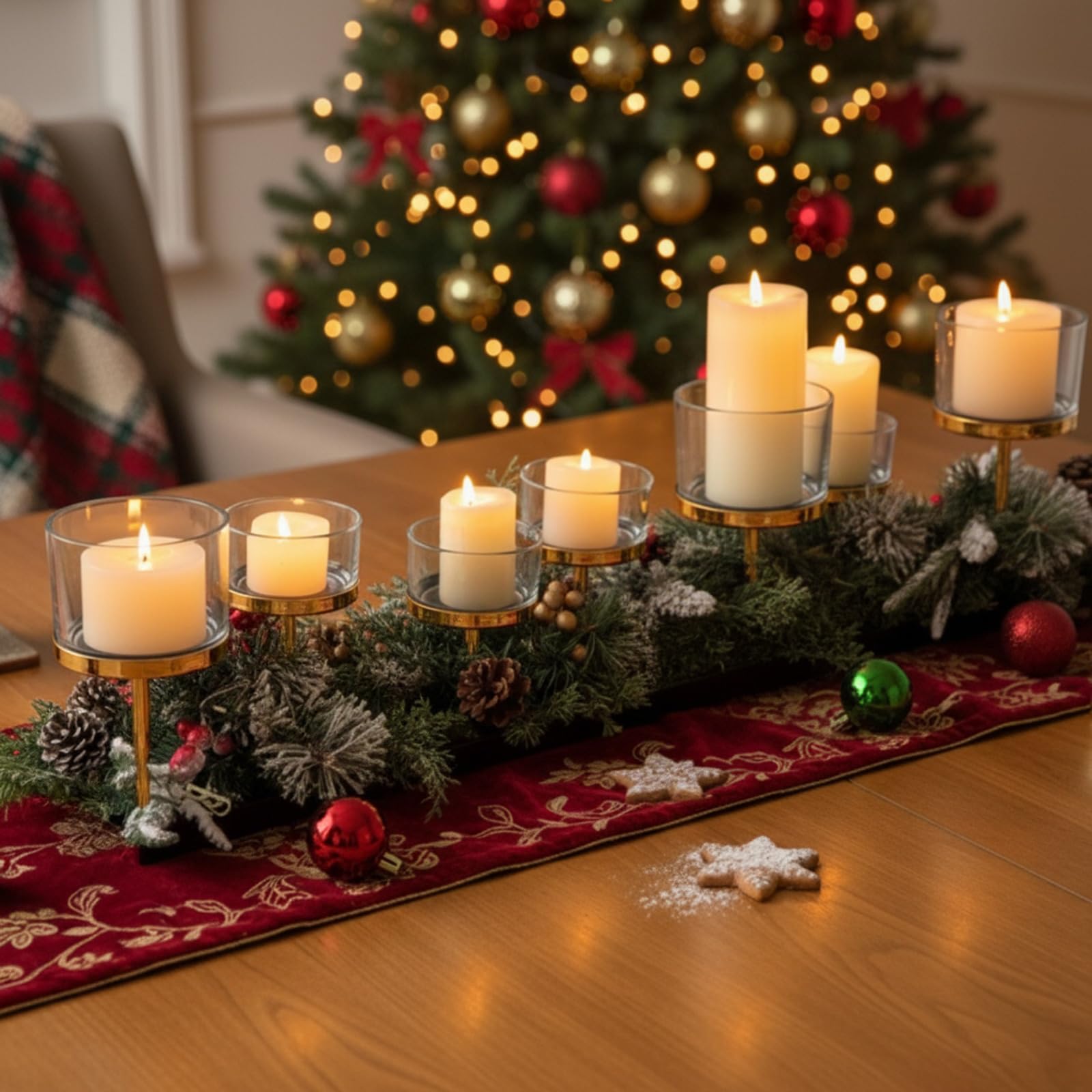 Mumufy 7 Pillar Glass Candle Holder Set Centerpiece with Metal Tray Votive Candelabra for Christmas Halloween Thanksgiving Dining Room Table Centerpiece, 33.5 x 6.7 x 1 Inch(Gold)