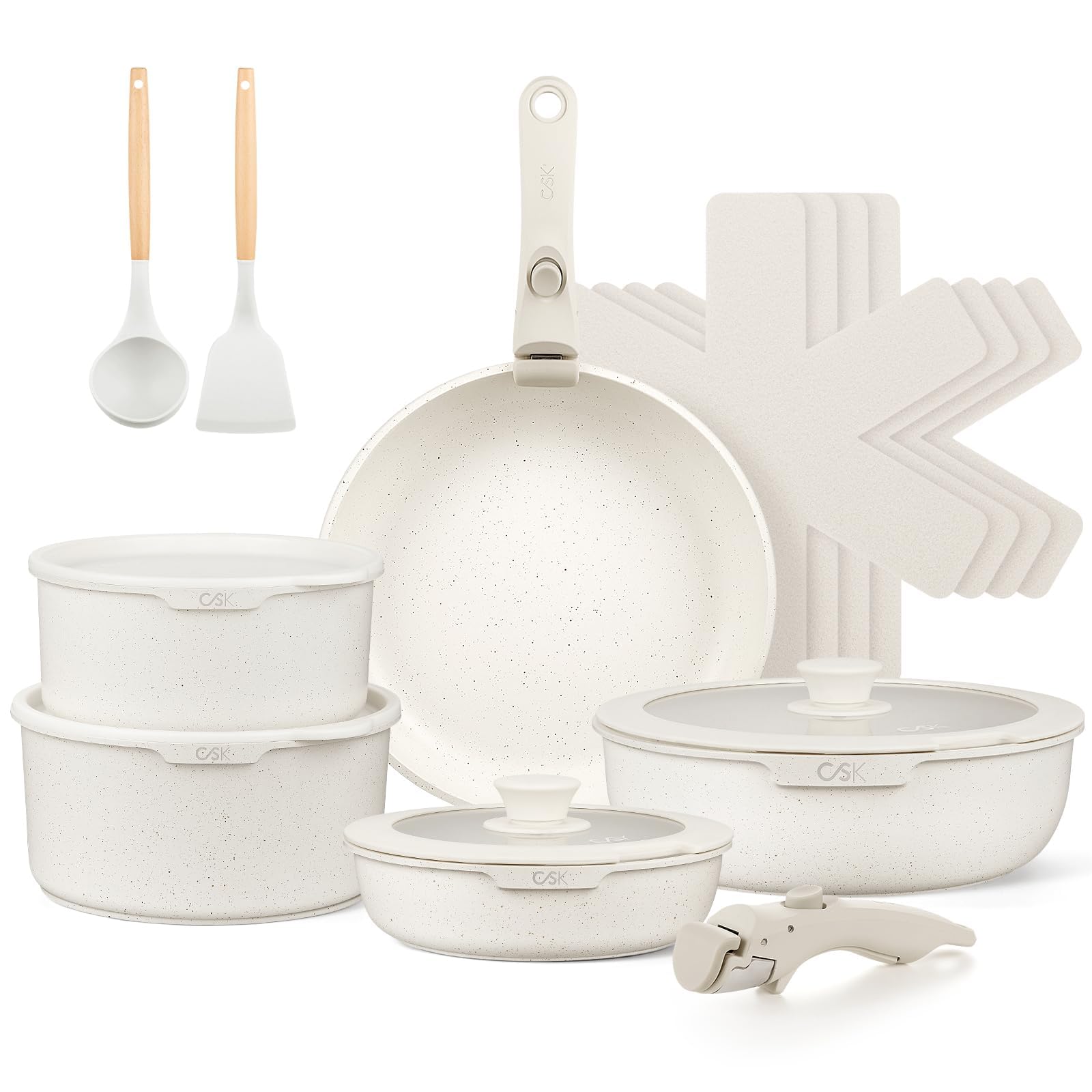 KOCH SYSTEME CS 17 PCS Ceramic Nonstick Cookware Set, Pots and Pans Set with Detachable Handle, Induction Kitchen Cookware Sets Non Stick with Removable Handle, RV Cookware Set, White