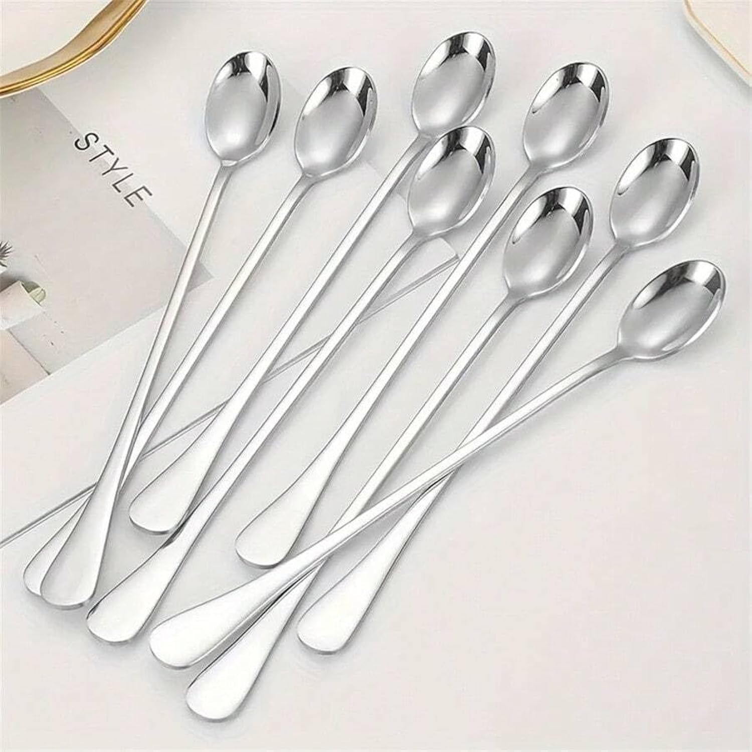 Stainless Steel, Long Handle Spoons, Set of 8-Durable, Mixing, Stirring, Coffee, Iced Tea, Milkshakes, Cocktails, Desserts, Cold Drinks, Kitchen Utensils