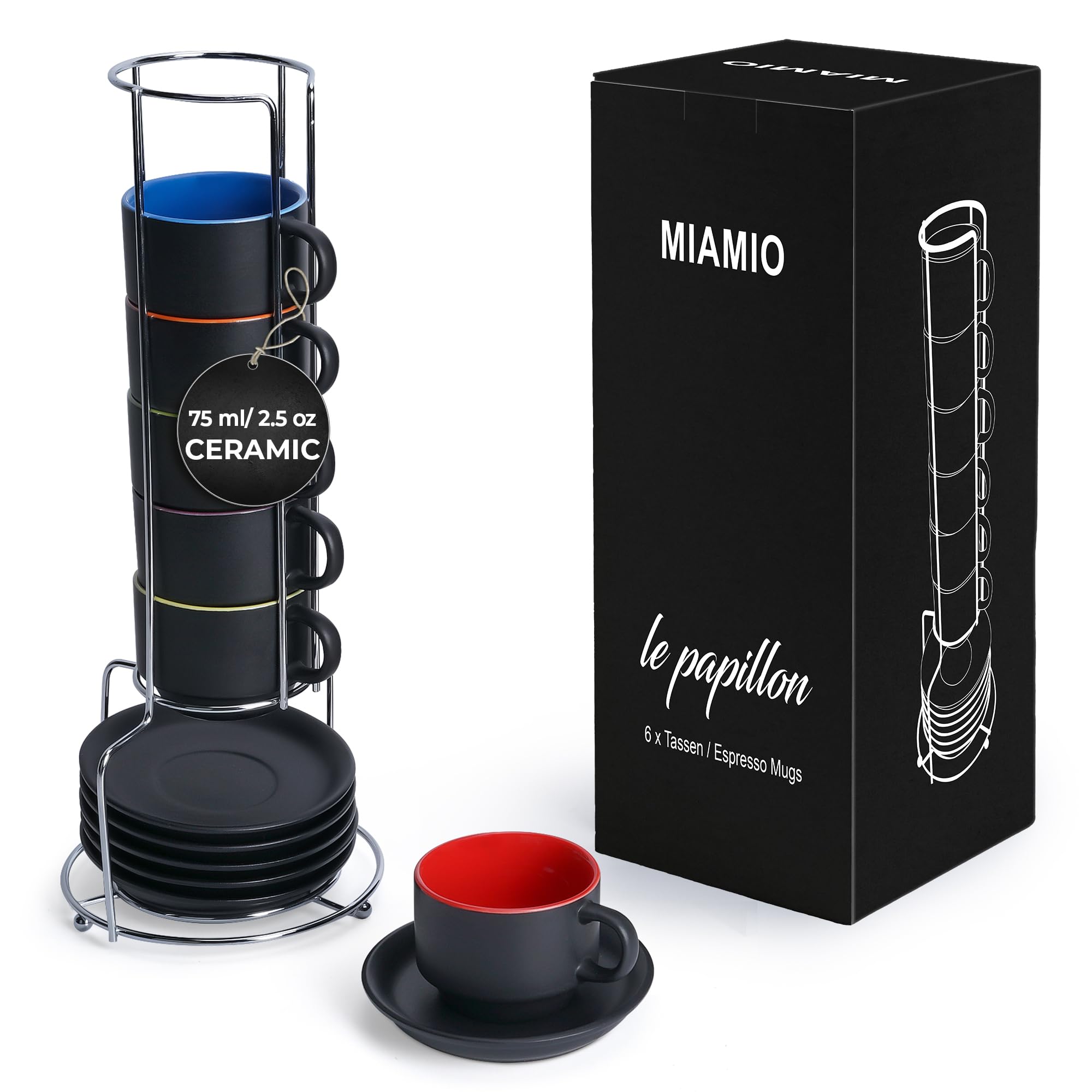 MIAMIO - 6 x 75 ml Stoneware Espresso Mug/Cup Set Outside Black Inside Colourful (Mixed)