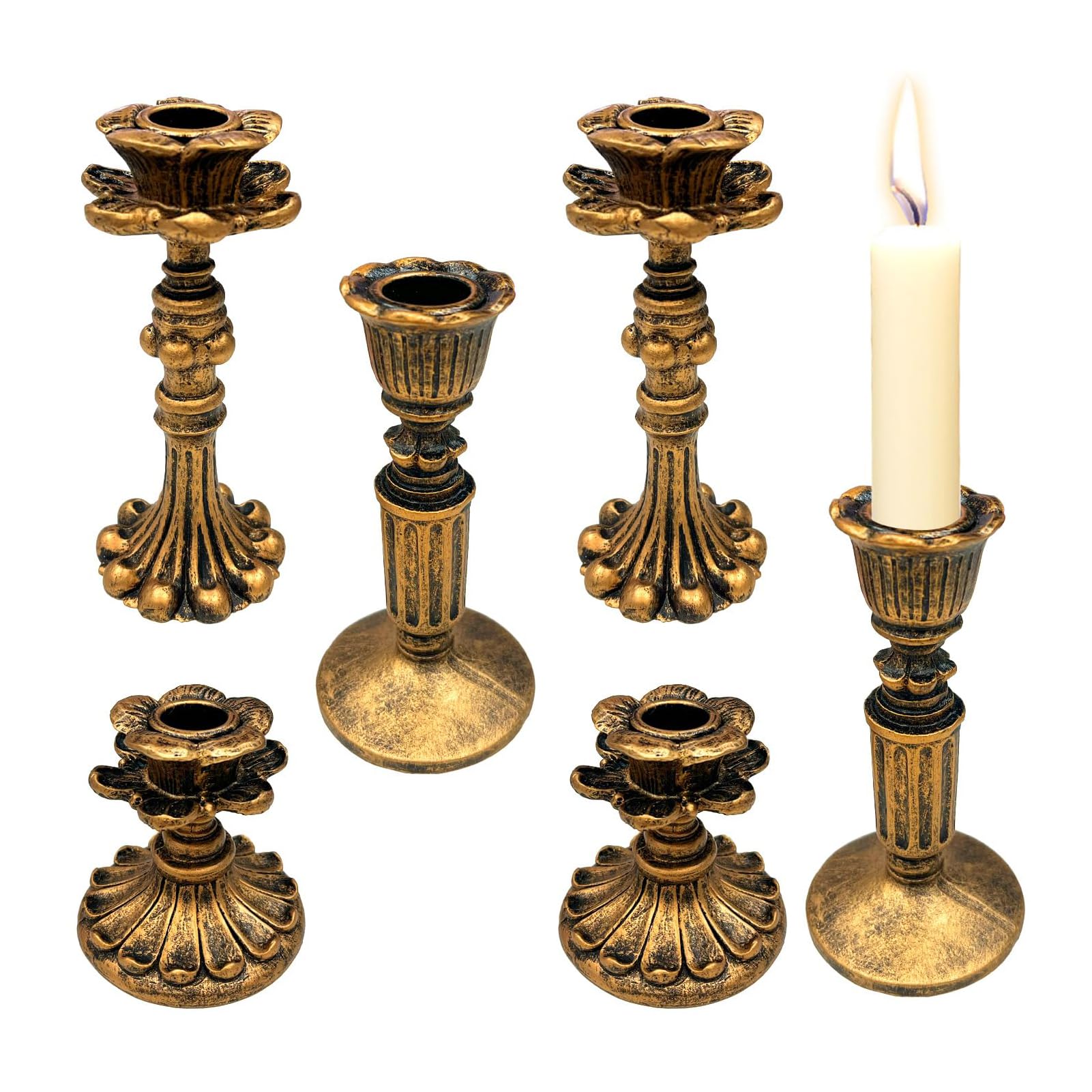 KASTWAVE 6 Pcs Candlestick Holders Taper Candle Holders, Set of 3 Candle Stick Holders Set, for Wedding, Party, Anniversary, Table, Fireplace Home Decor (3 Styles, Antique Brass)