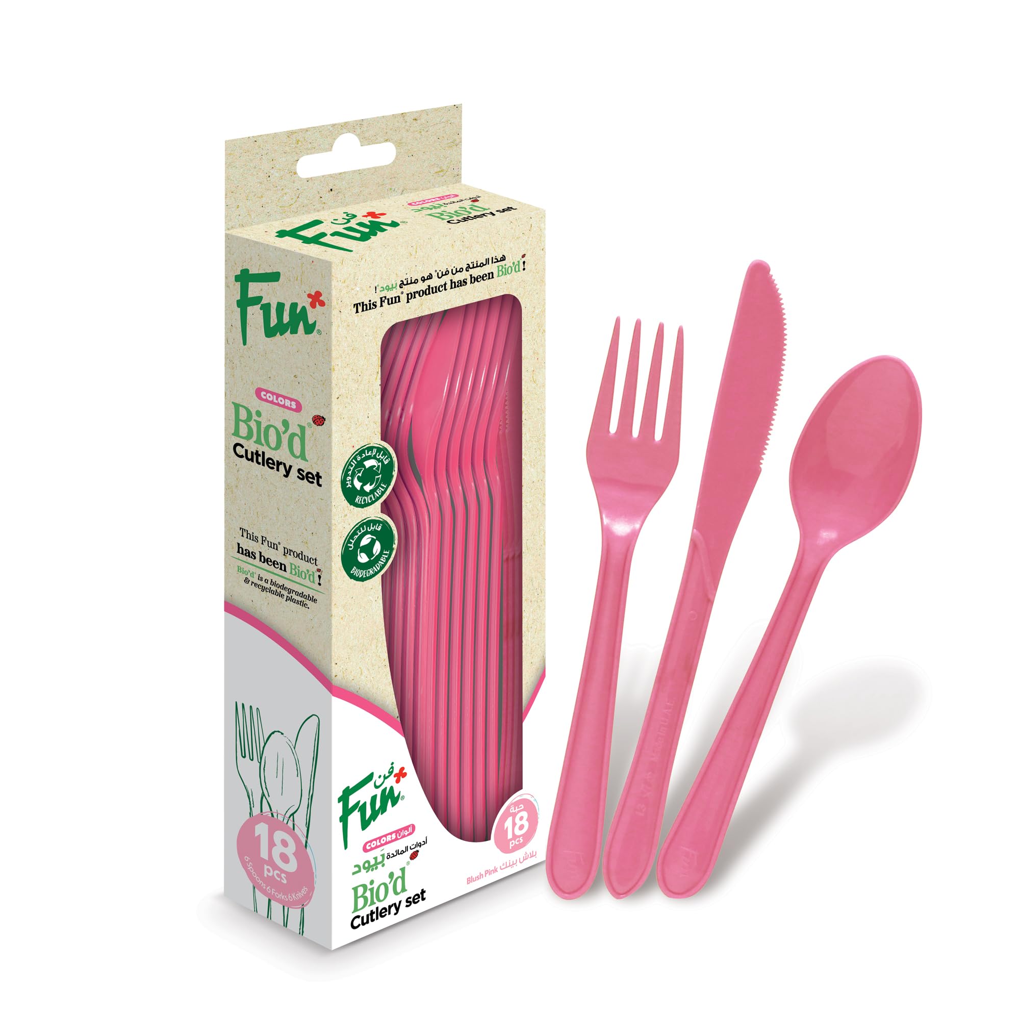 Fun Bio'd Disposable Cutlery Set- Spoon, Fork & Knife - Blush Pink (Pack of 18)