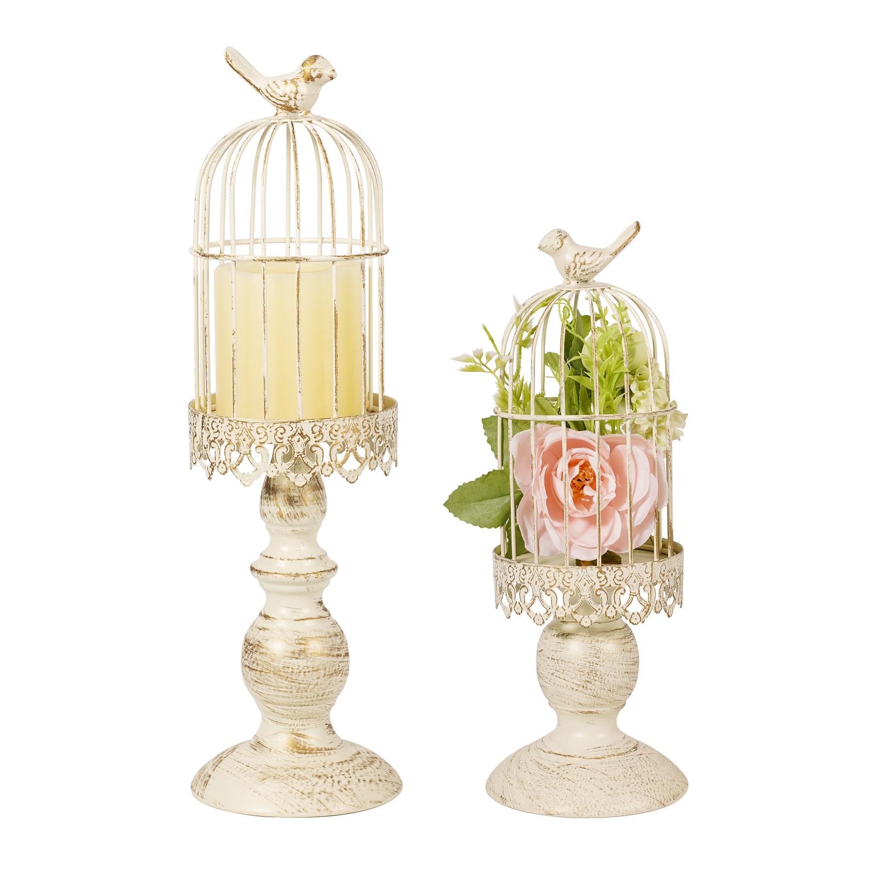 LANLONG Pack of 2-Piece Birdcage Candle Holder, Vintage Candle Stick Holders, Wedding Candle Centerpieces for Tables, Iron Candlestick Holder Home Decor (Candle Holder 2#) (Beige)