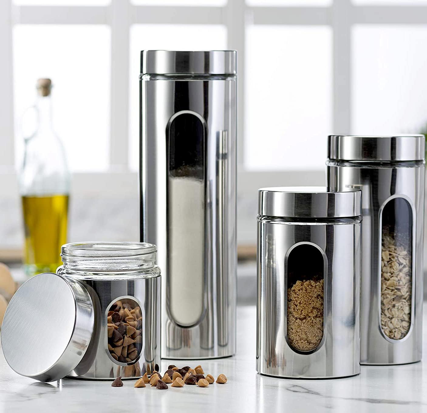 Tazweeq 4Pcs Stainless Steel Canister Set with Glass Window and Sealing Lid for Kitchen Countertop, Food Storage Containers, Pantry Storage and Organization Set for Coffee, Flour, Pasta, Rice