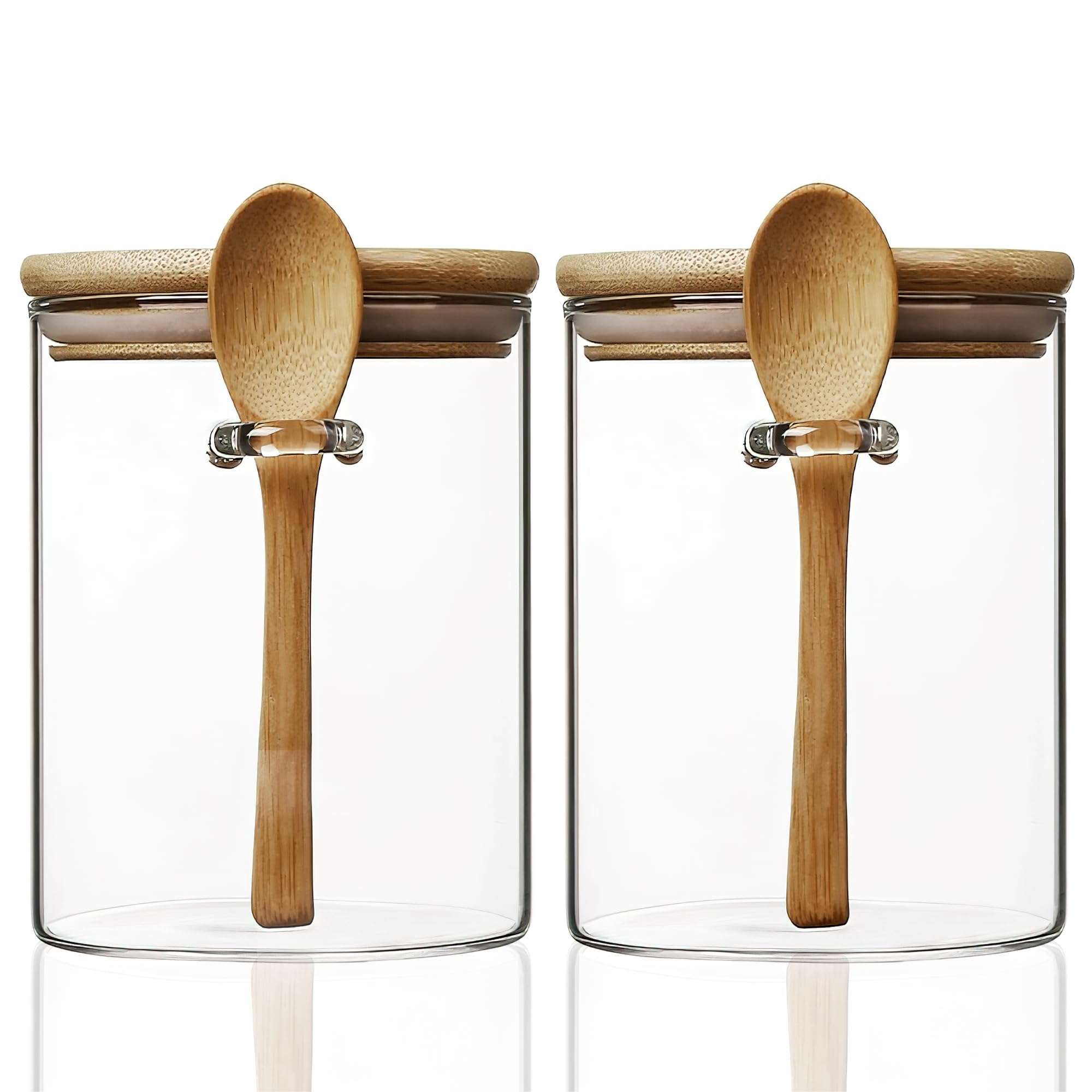 2 Pack Glass Storage Canister with with Airtight Lid, 15 oz/450 ml Small Clear Decorative Container Jar with Wooden Spoon for Coffee Spice Candy Salt Cookie Sugar Matcha Tea Overnight Oats