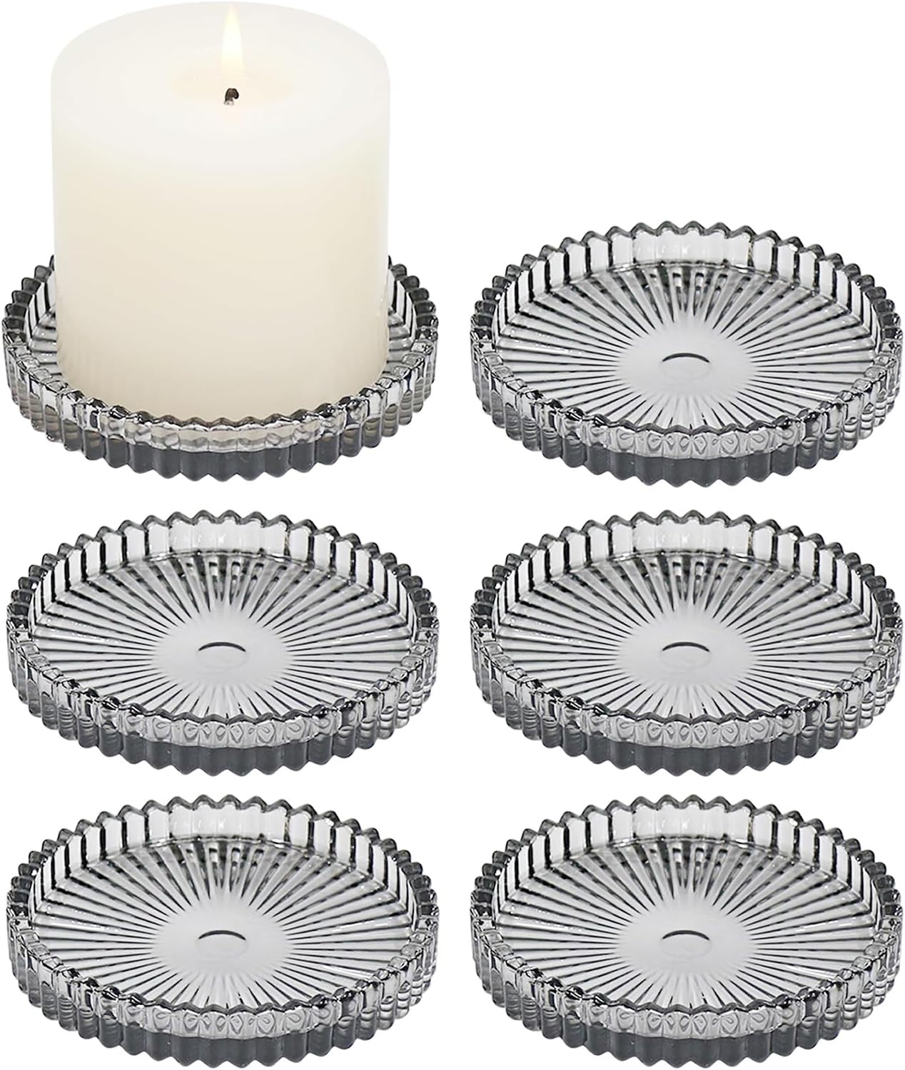 6 Pack Glass Candle Holders, 4 Inch Glass Candle Holder for Pillar Candles, Christmas Candle Plate for Dining Table, Home Coffee Table Decoration (Gray)
