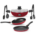 Milton Pro Cook Kitchen Jewel Plus Granito Induction 7pc Set (Fry pan 24cm/1.6 LTR; Kadhai 24cm/2.5 LTR with Glass Lid; Tawa 25cm; 2 Each Nylon Laddle & Spatula), Maroon Metallic, Dishwasher Safe