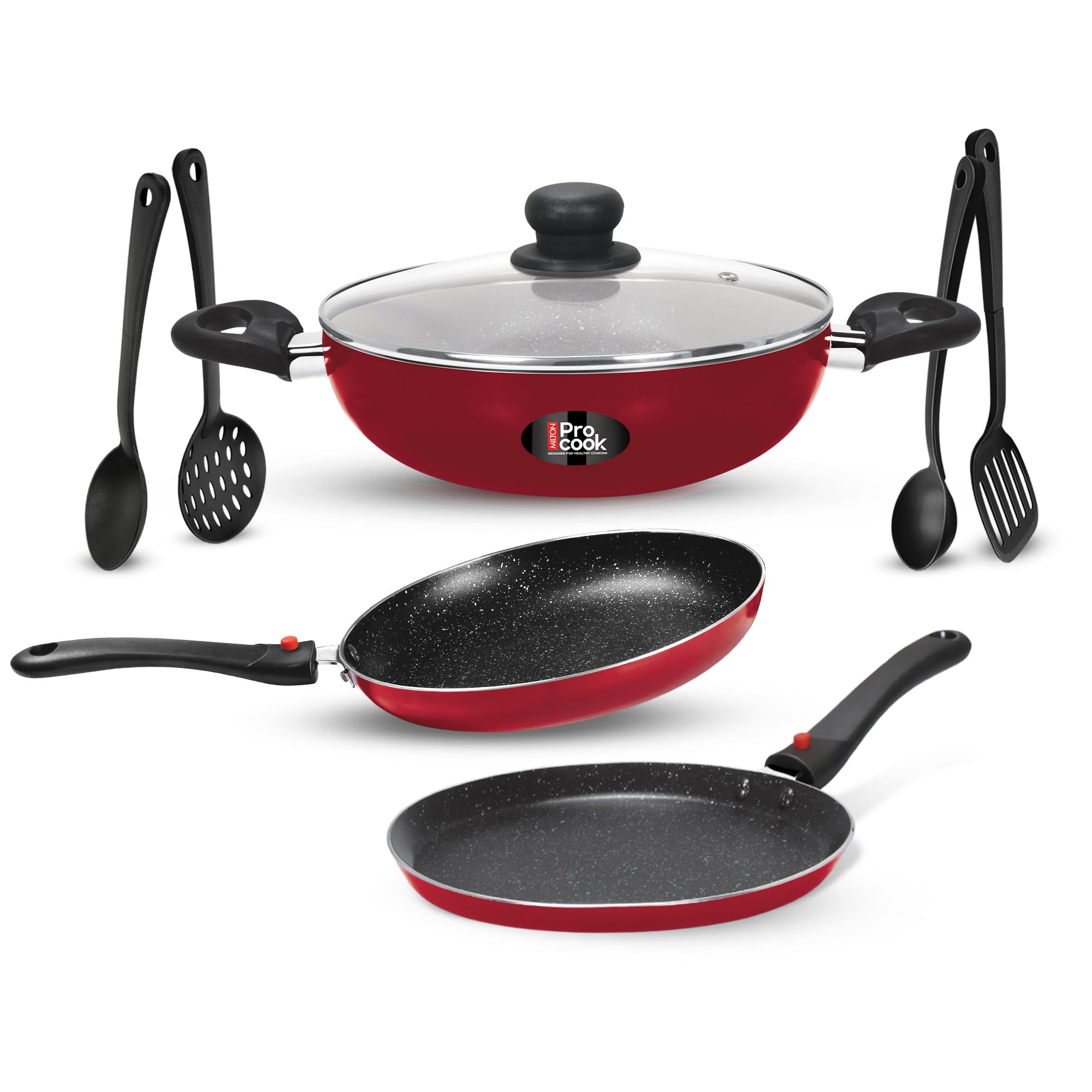 Milton Pro Cook Kitchen Jewel Plus Granito Induction 7pc Set (Fry pan 24cm/1.6 LTR; Kadhai 24cm/2.5 LTR with Glass Lid; Tawa 25cm; 2 Each Nylon Laddle & Spatula), Maroon Metallic, Dishwasher Safe