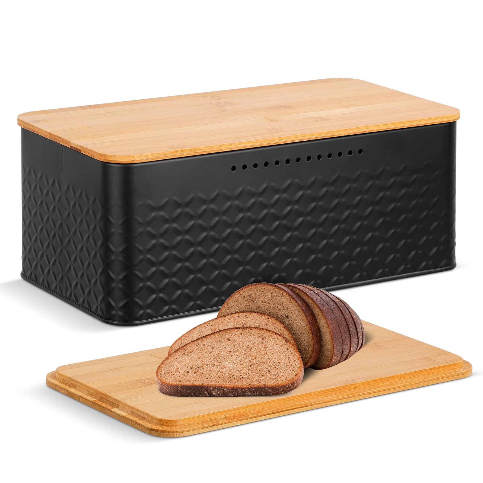 Bread Bin Bread Storage Box with Bamboo Lid, Black Bread Storage Container Bin, for Kitchen Countertop Organizer (Black)