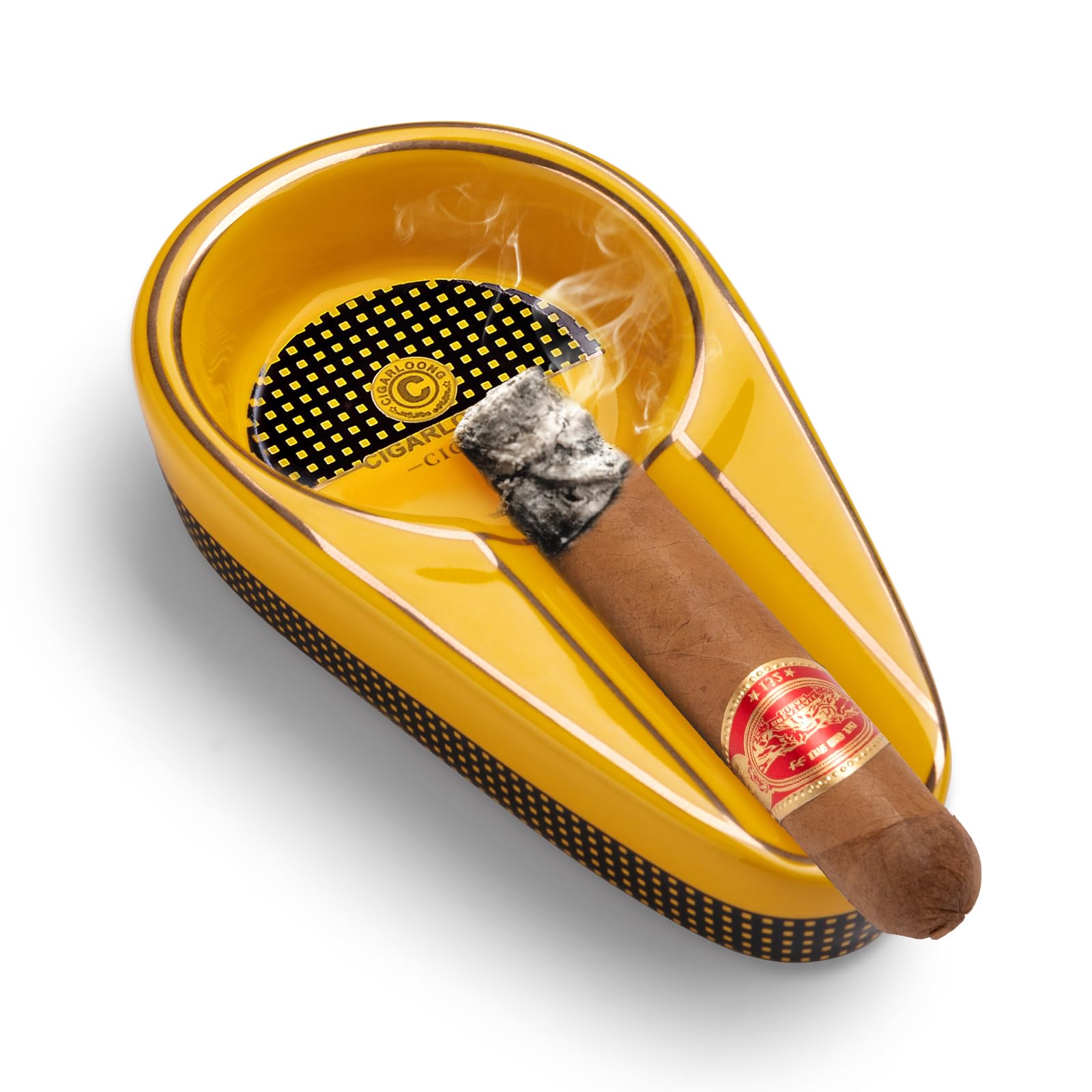 CIGARLOONG Cigar Ashtray Single Classic Ceramic Cigar Accessories Use Outdoor or Indoors (Color:Yellow)