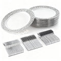 100 Pcs Plastic Disposable Dinnerware Set with Silver Rim - 25 White Dinner Plates, 25 Knives, 25 Forks and 25 Spoons, Tableware Set for Banquets, Weddings Birthday Parties (Small)