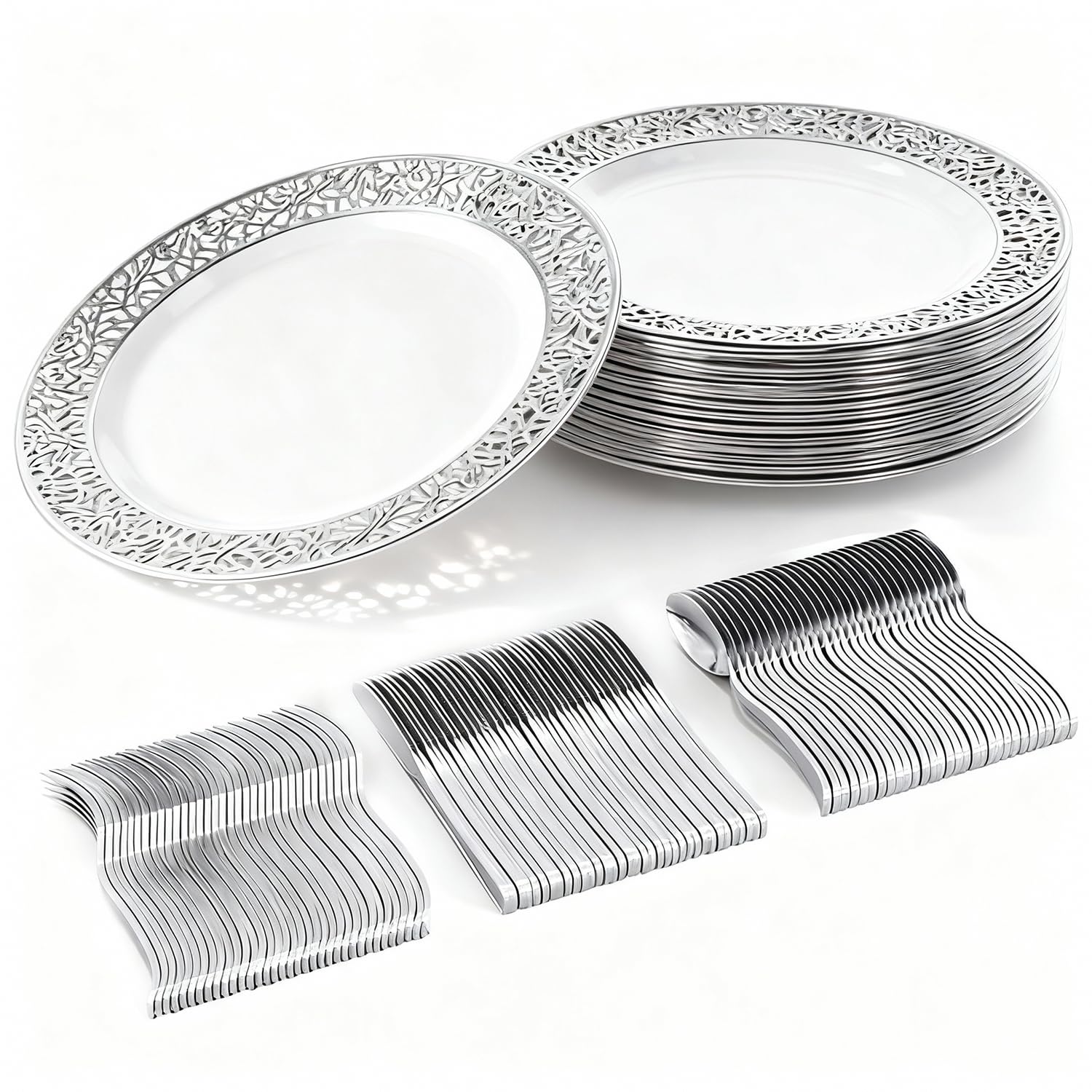 100 Pcs Plastic Disposable Dinnerware Set with Silver Rim - 25 White Dinner Plates, 25 Knives, 25 Forks and 25 Spoons, Tableware Set for Banquets, Weddings Birthday Parties (Small)