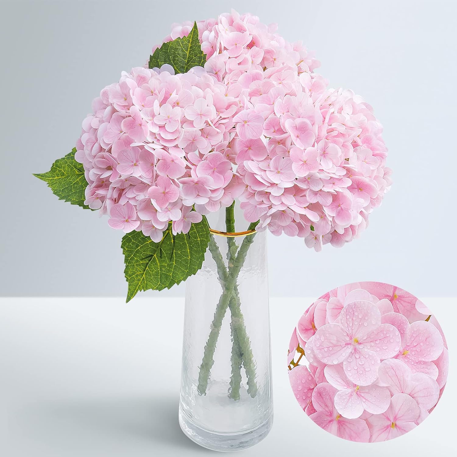 Real Touch Pink Hydrangea Artificial Flowers with 50cm Stem & Leaves, Full Latex Faux Hydrangea Flowers for Home Decor Party Floral Arrangements Wedding Bouquets Centerpieces, 3Pcs