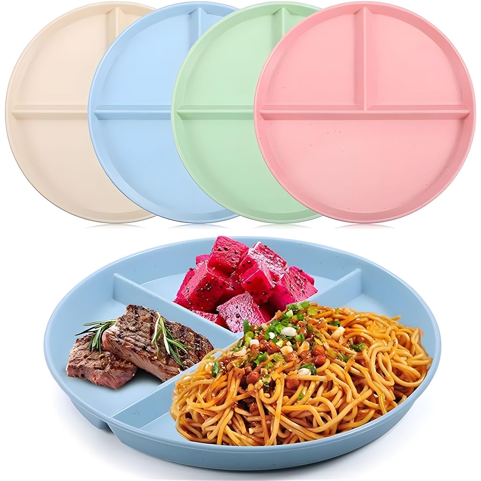 Joyzzz Divided Plates, 4 Pcs 9 inch Unbreakable Portion Control Divided Diet Plates, Reusable Round Wheat Straw Meal Plate with 3 Compartments, Dishwasher Safe Picnic Plate for Home, Office, Outdoor