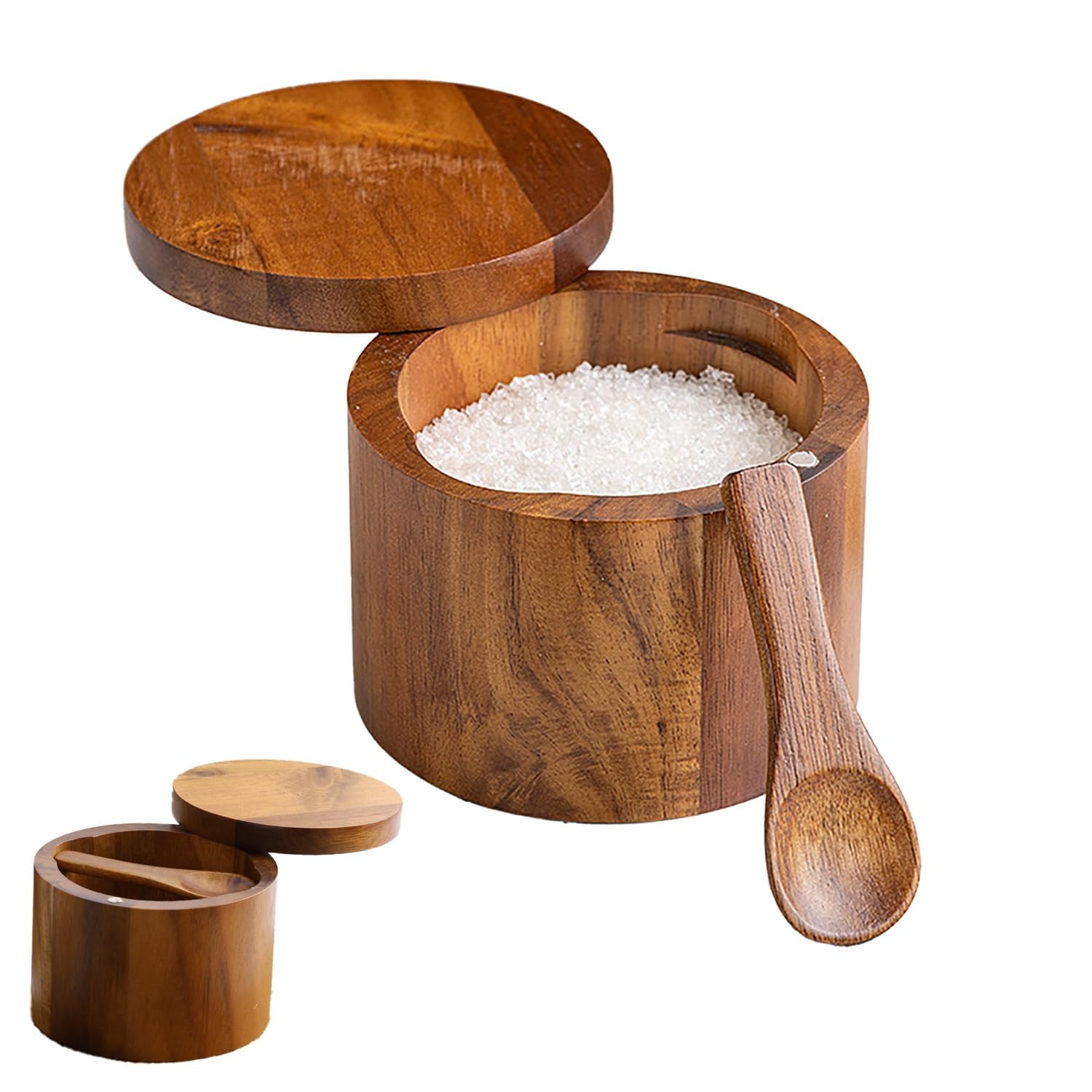 Wood Salt Shaker,Salt Container with Built-in Spoon and Magnetic Screw Ca,Sugar Bowl,Spice Bo,Spice Jar for Sea Salts Herbs Or Favorite Seasonings