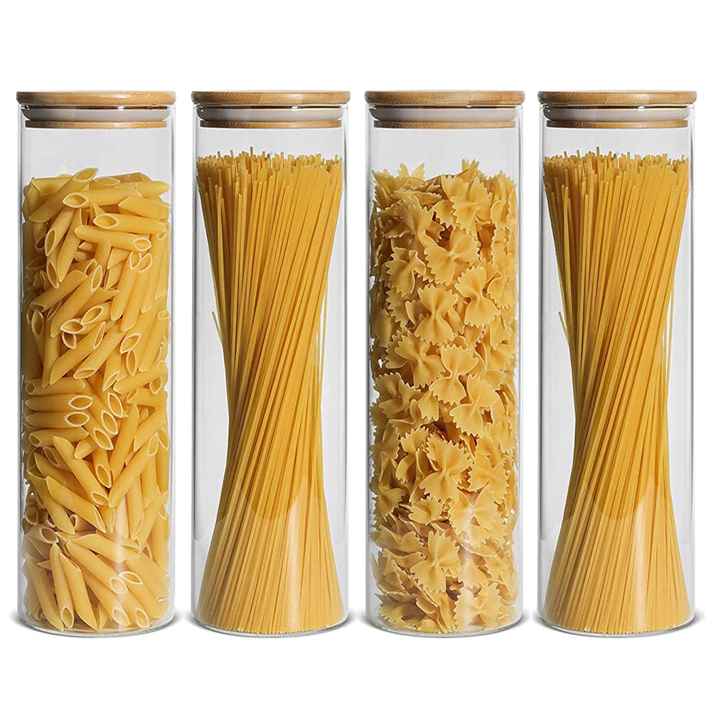 Glass Storage Jar with Bamboo Lids,Set of 4,Kitchen Food Storage Containers,Glass Cereals Canisters for Pantry Organization and Storage Containers Moisture Proof for Sugar, Coffee, Tea (2200ML)…