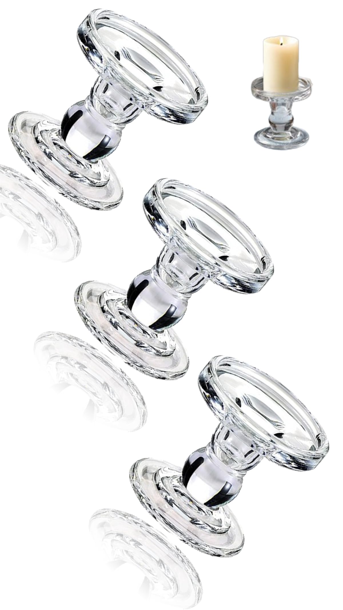 Glass Candle Holders Set of 3 pcs for Pillar & Taper Candles, Elegant Decorative Candle Sticks for Weddings, Churches, Holidays, and Table Centerpieces