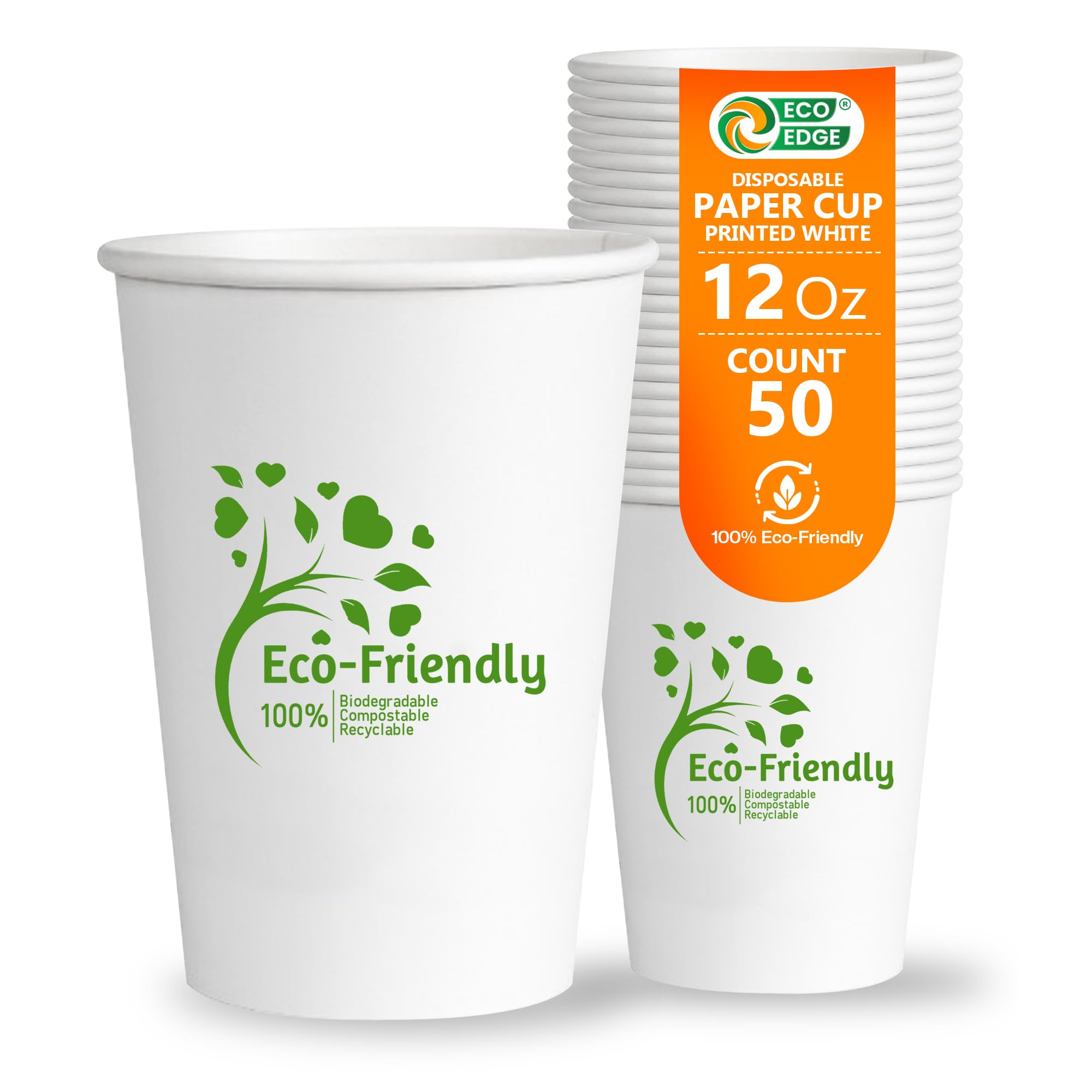 EcoEdge 12 Oz Disposable Heavy-Duty Party Paper Cups (Pack of 50) | Sustainable, Affordable, Premium, Durable, Chemical and Plastic Free | For Hot or Cold Beverages | Everyday Use | 100% Eco-Friendly