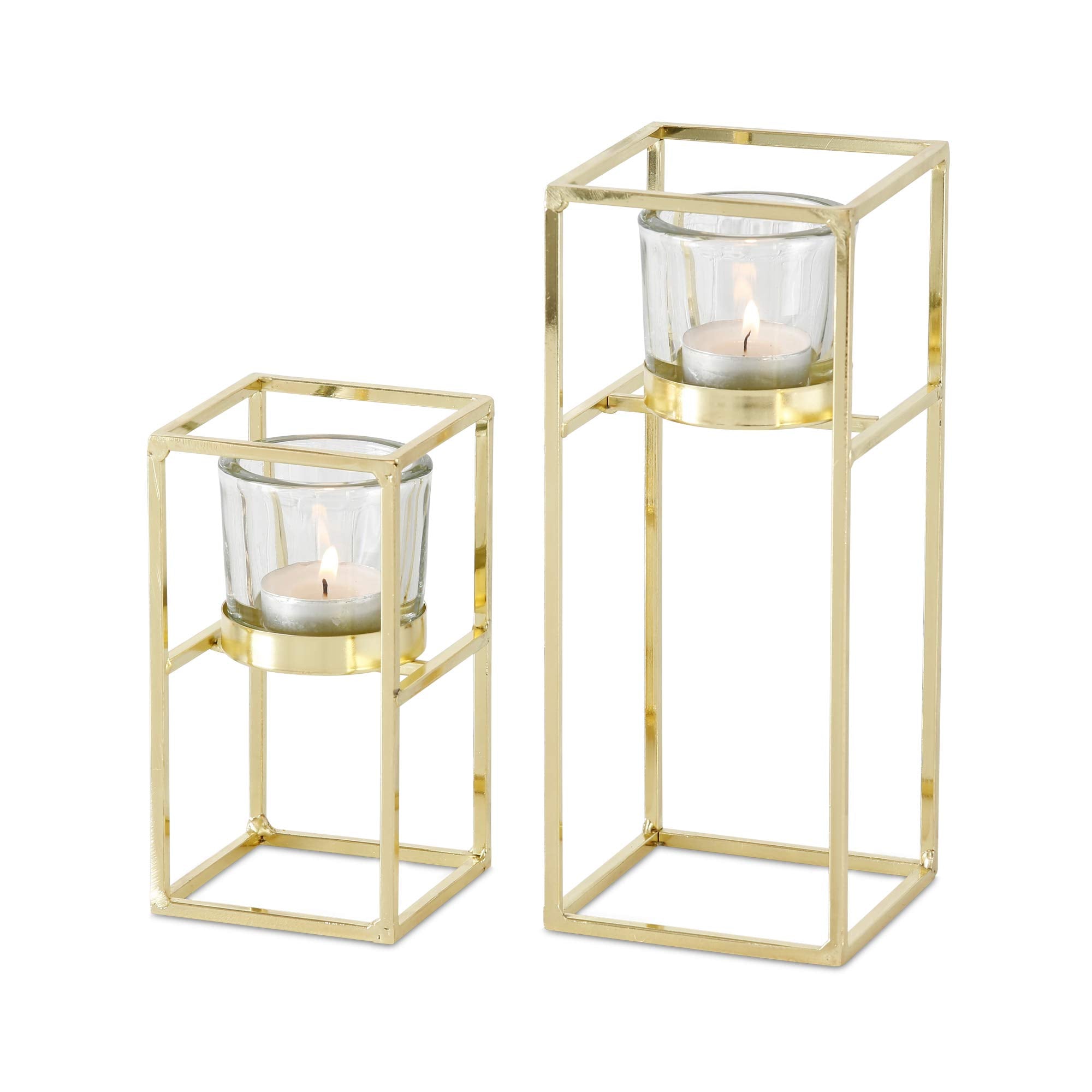 WHW Whole House Worlds Tribeca Tower Candle Holders, Set of 2, Votive or Tealights, Gold Metal Stands, Glass Cups, Handcrafted Iron, 9 x 3.5 and 6 x 3.25 Inches