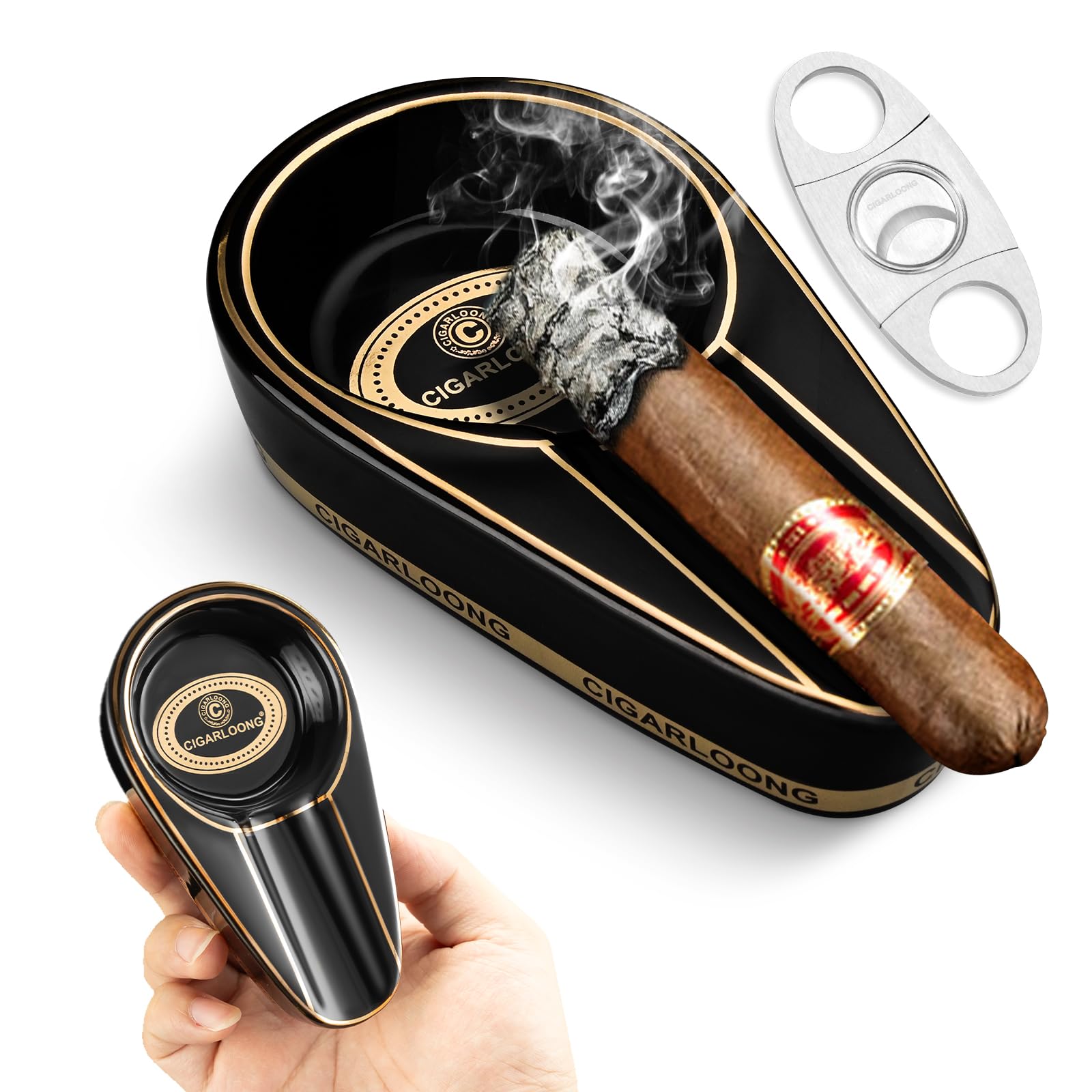 Cigar Ashtray and Cigar Cutter, Ceramics Ashtray for Cigars, Large Table Ashtray Cigar Accessory Rest for Indoors and Outdoors Use (Black)