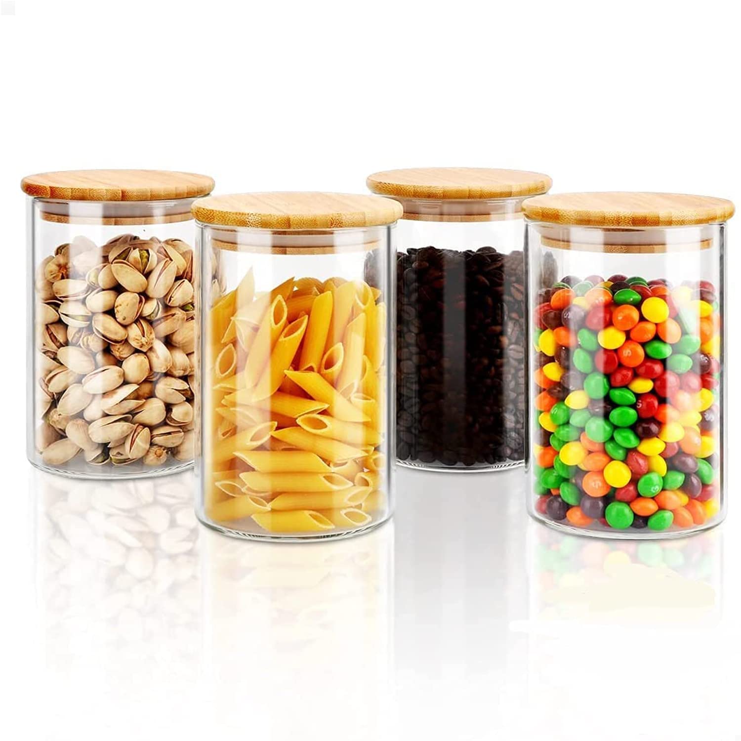Glass Storage Jar with Bamboo Lids,Set of 4,Kitchen Food Storage Containers,Glass Cereals Canisters for Pantry Organization and Storage Containers Moisture Proof for Sugar, Coffee, Tea (1000ML)