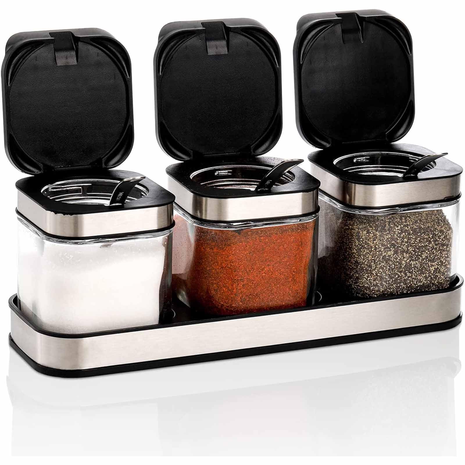 Tazweeq 3-Pack Glass Spice Box with Tray, Clear Spice Jar, Kitchen Spice Jar with Base