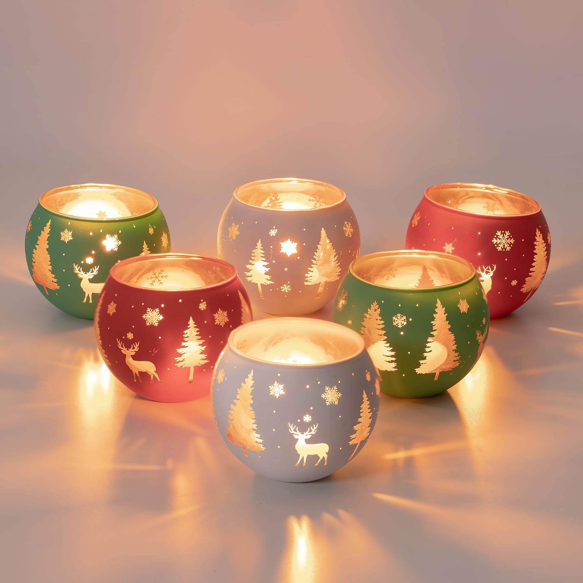 Romadedi Votive Candle Holder for Christmas Decor Set of 6 Colorfull Tealight Holders Glass Tea Light Coffee Dinner Table Centerpiece Xmas Decoration Home Party Holiday