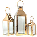 Allgala 3-PC Lantern Set 24 Inch Jumbo Deluxe Modern Indoor/Outdoor Candle Lantern Set Rose Gold Stainless Steel Frame Tempered Glass Pyramid Top for Garden Poolside Fireplace Wedding