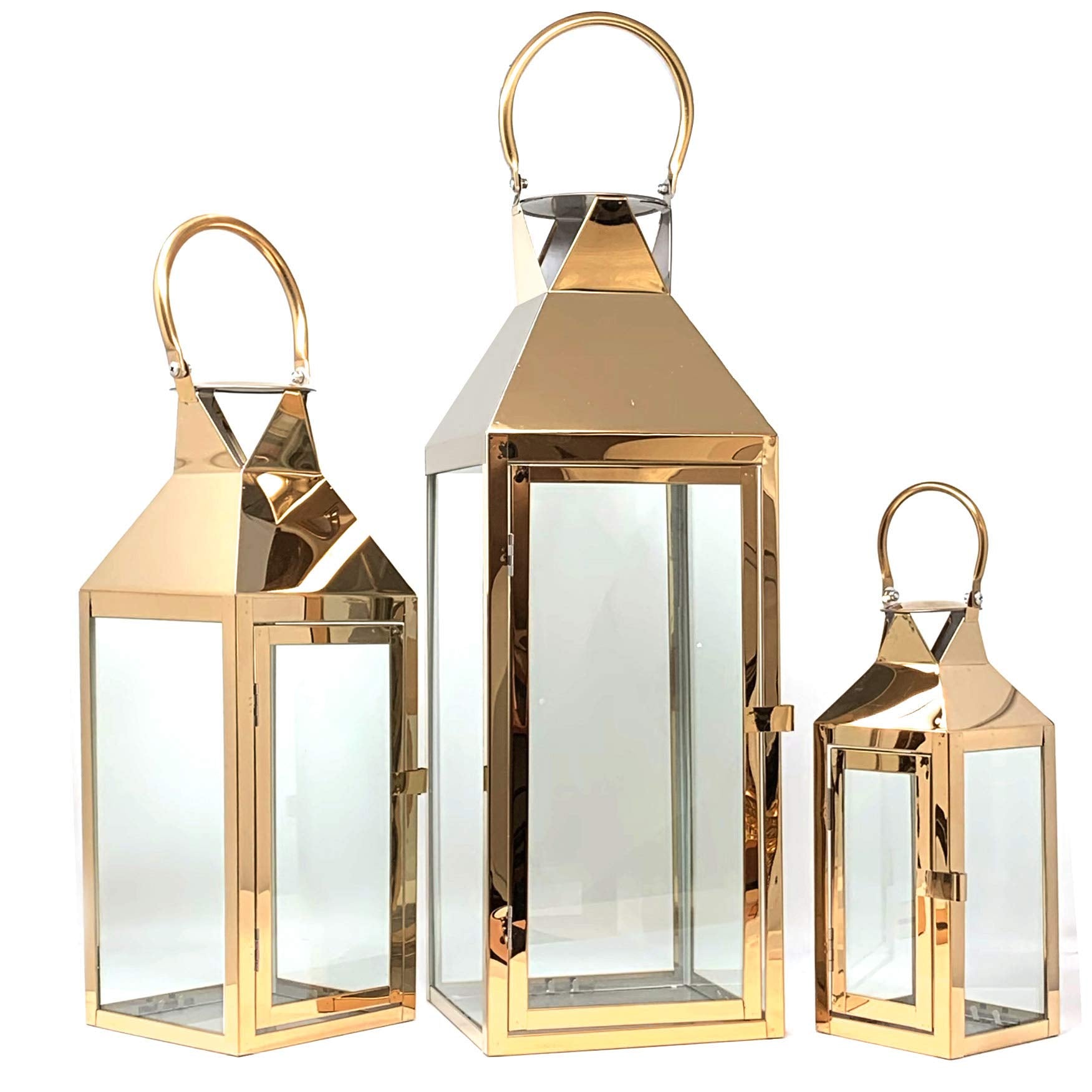 Allgala 3-PC Lantern Set 24 Inch Jumbo Deluxe Modern Indoor/Outdoor Candle Lantern Set Rose Gold Stainless Steel Frame Tempered Glass Pyramid Top for Garden Poolside Fireplace Wedding
