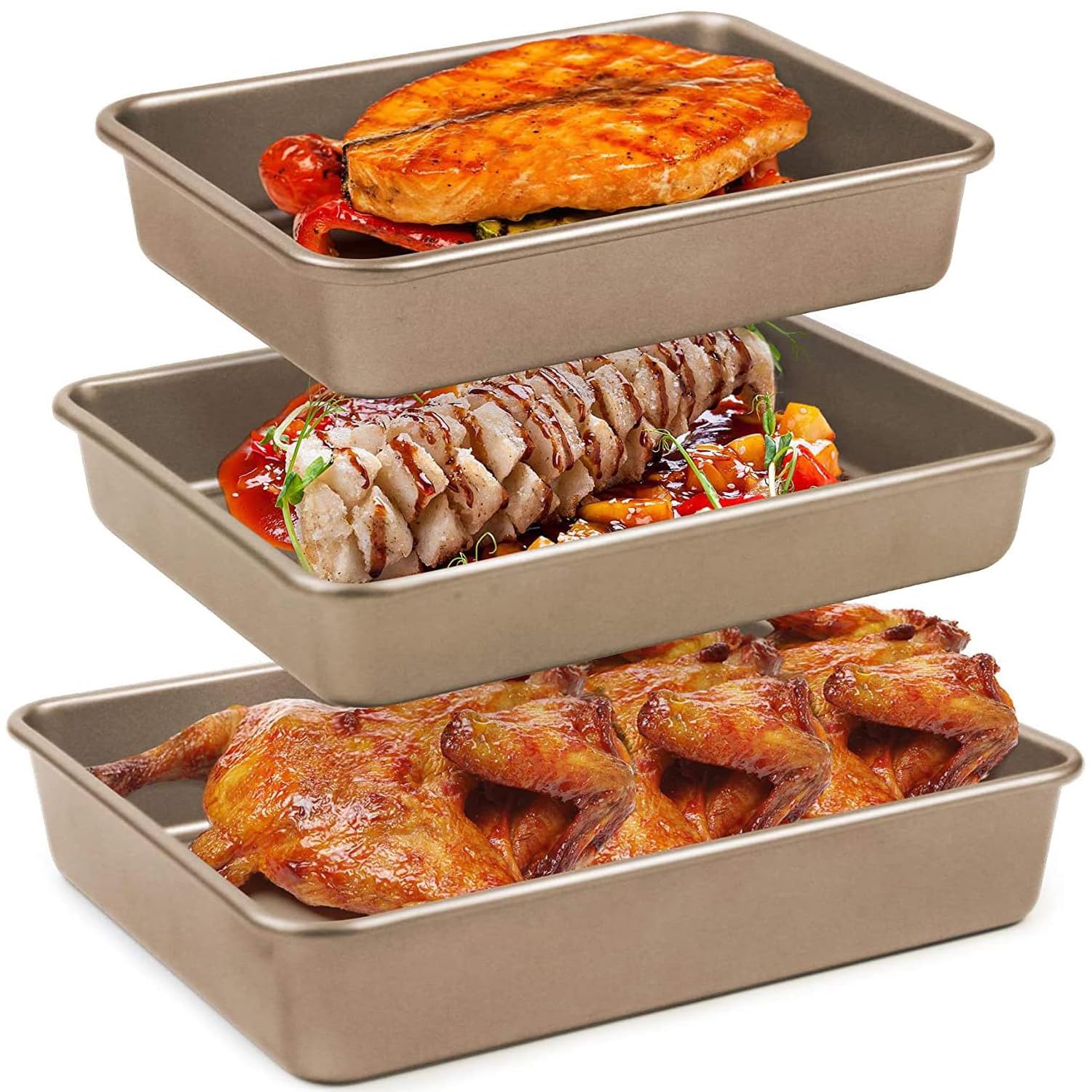 Joyzzz Baking Pan Set, 3pcs Durable Food Grade Carbon Steel Cake Pan, Non-stick Rectangle Oven Tray Baking Sheet Set, Deep Sheet Cake Pan for Homemade Cakes, Breads (9, 11, 13inch)