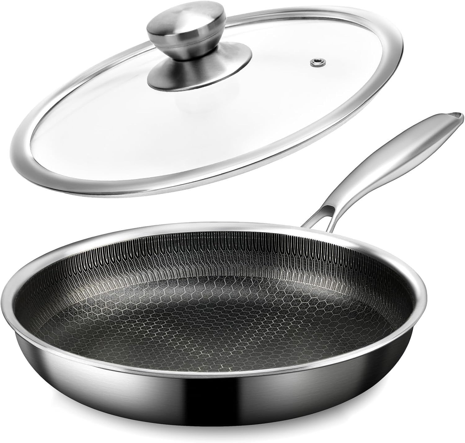 28cm Non Stick Frying Pan with Tempered Glass Lid, 304 Stainless Steel Skillets,Stay-Cool Handle,PFOA Free Cookware,Dishwasher Safe, Works on Induction,Ceramic and Gas Cooktops