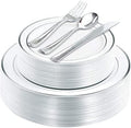 JANNAH 125 Piece Silver Dinnerware Set Service for 25 Guests - 25 Dinner Plates 25 Dessert/Salad Plates 25 Forks 25 Knives 25 Spoons Disposable Dinnerware Set