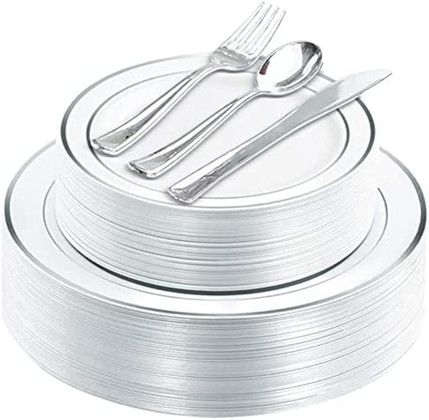 JANNAH 125 Piece Silver Dinnerware Set Service for 25 Guests - 25 Dinner Plates 25 Dessert/Salad Plates 25 Forks 25 Knives 25 Spoons Disposable Dinnerware Set