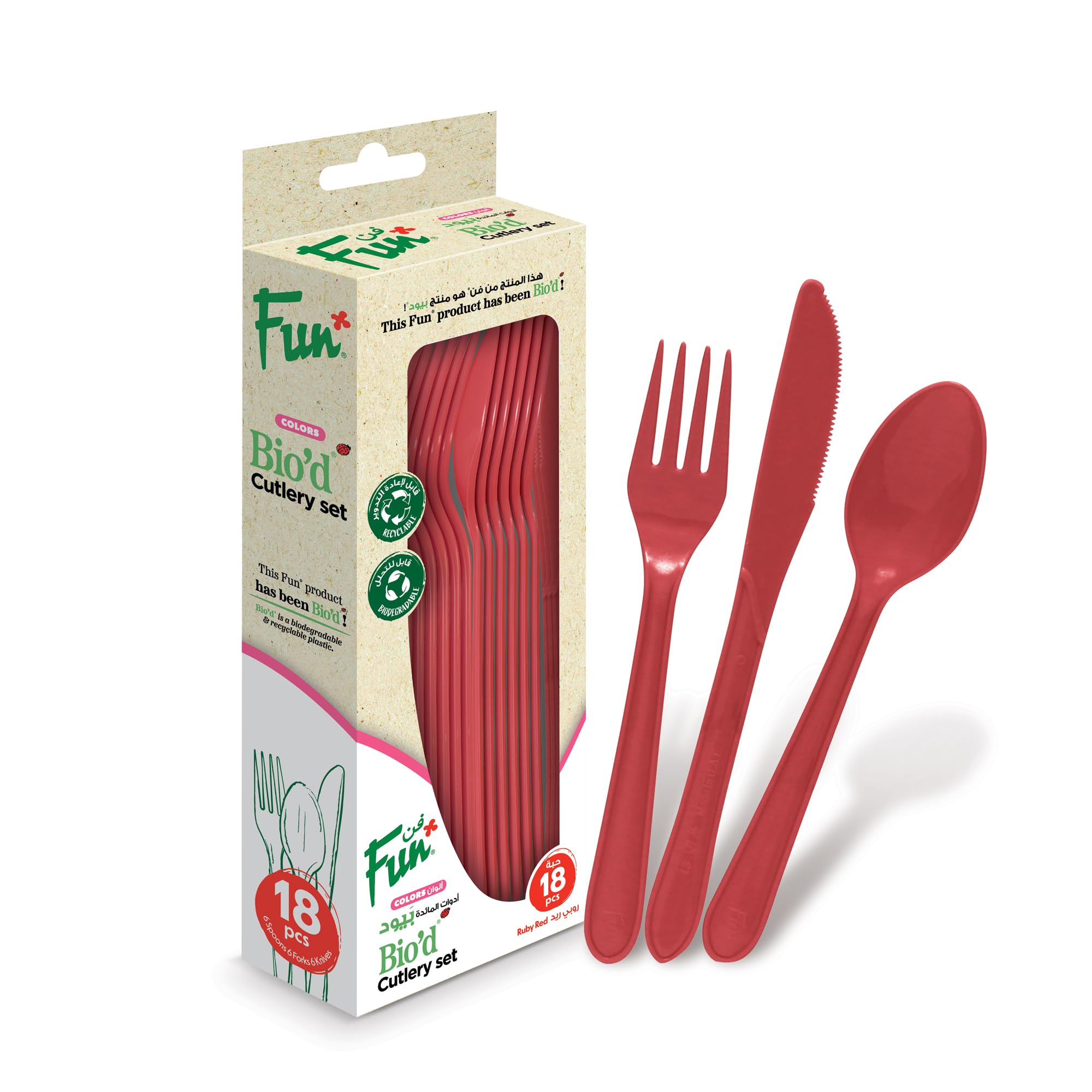 Fun Bio'd Disposable Cutlery Set- Spoon, Fork & Knife - Ruby Red (Pack of 18)