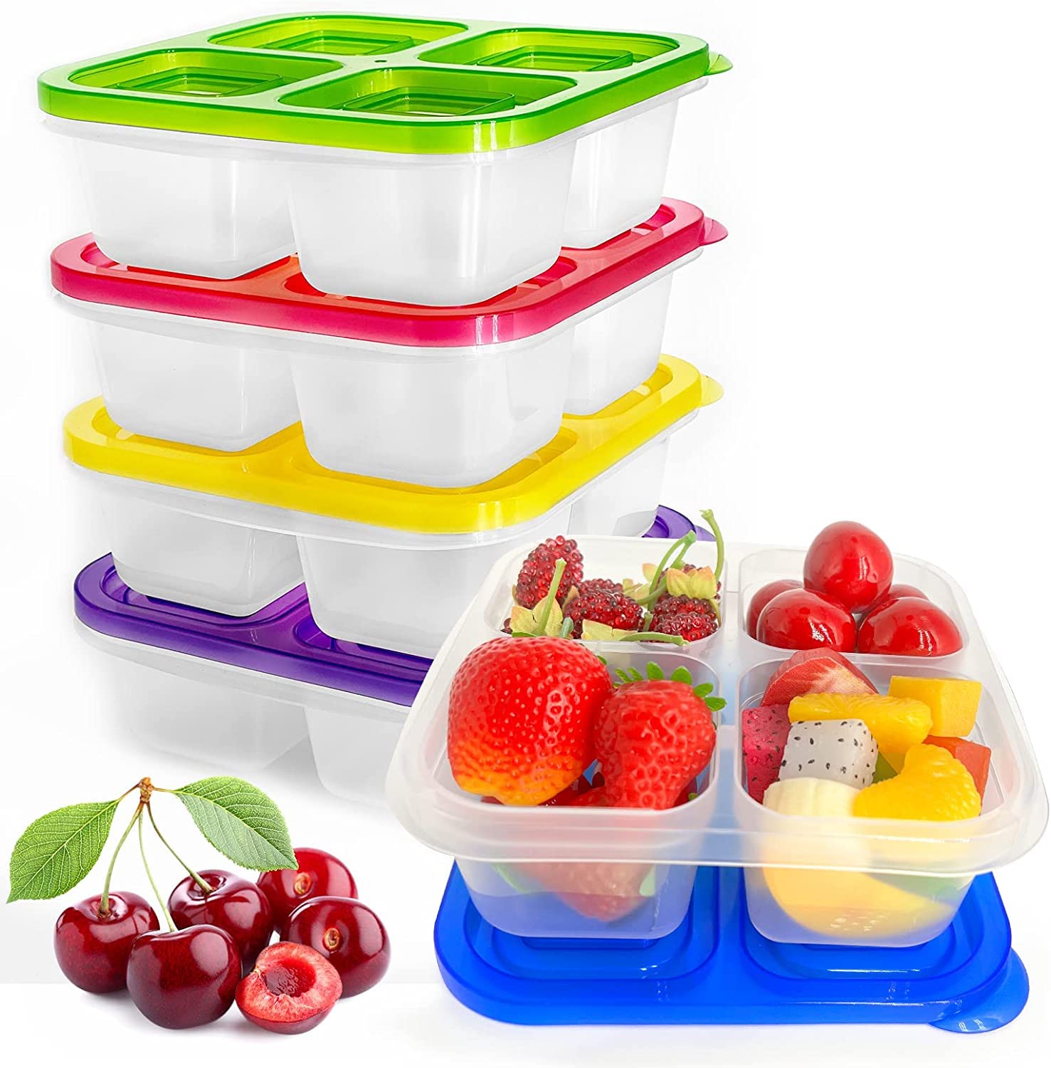 Premify 5 Pack Bento Lunch Box | Reusable Snack Boxes with 4 Compartments | Stackable Food Storage Containers | Plastic Divided Storage Boxes | Meal Prep Container | Freezing/Microwave/Dishwasher