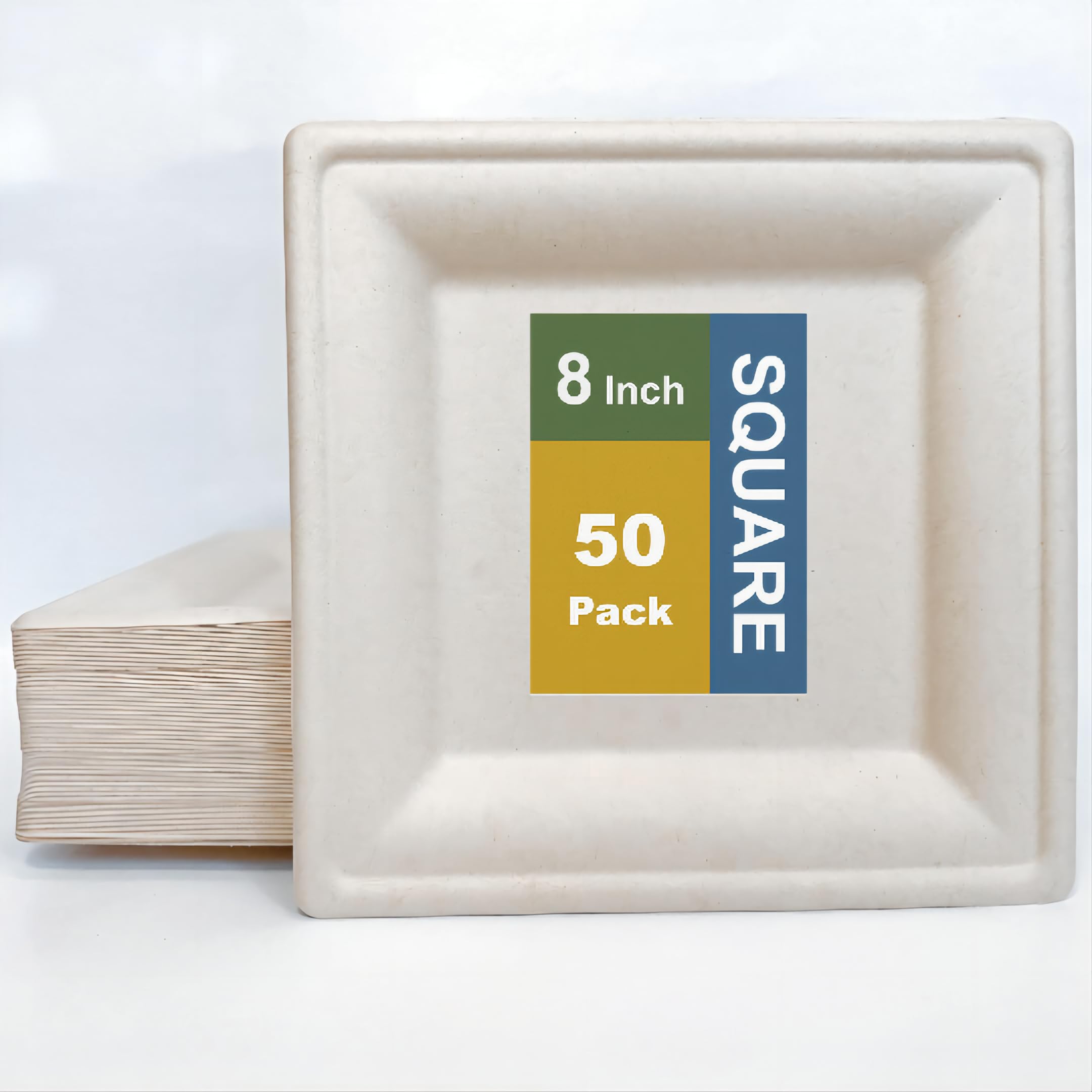 100% Biodegradable Square Disposable Paper Plates [8*8 Inch, 50 Pieces], Microwavable and Eco-friendly, Sturdy, Perfect for Dinner, Dessert, Made of Bagasse Cane Fibers, Hot or Cold Use